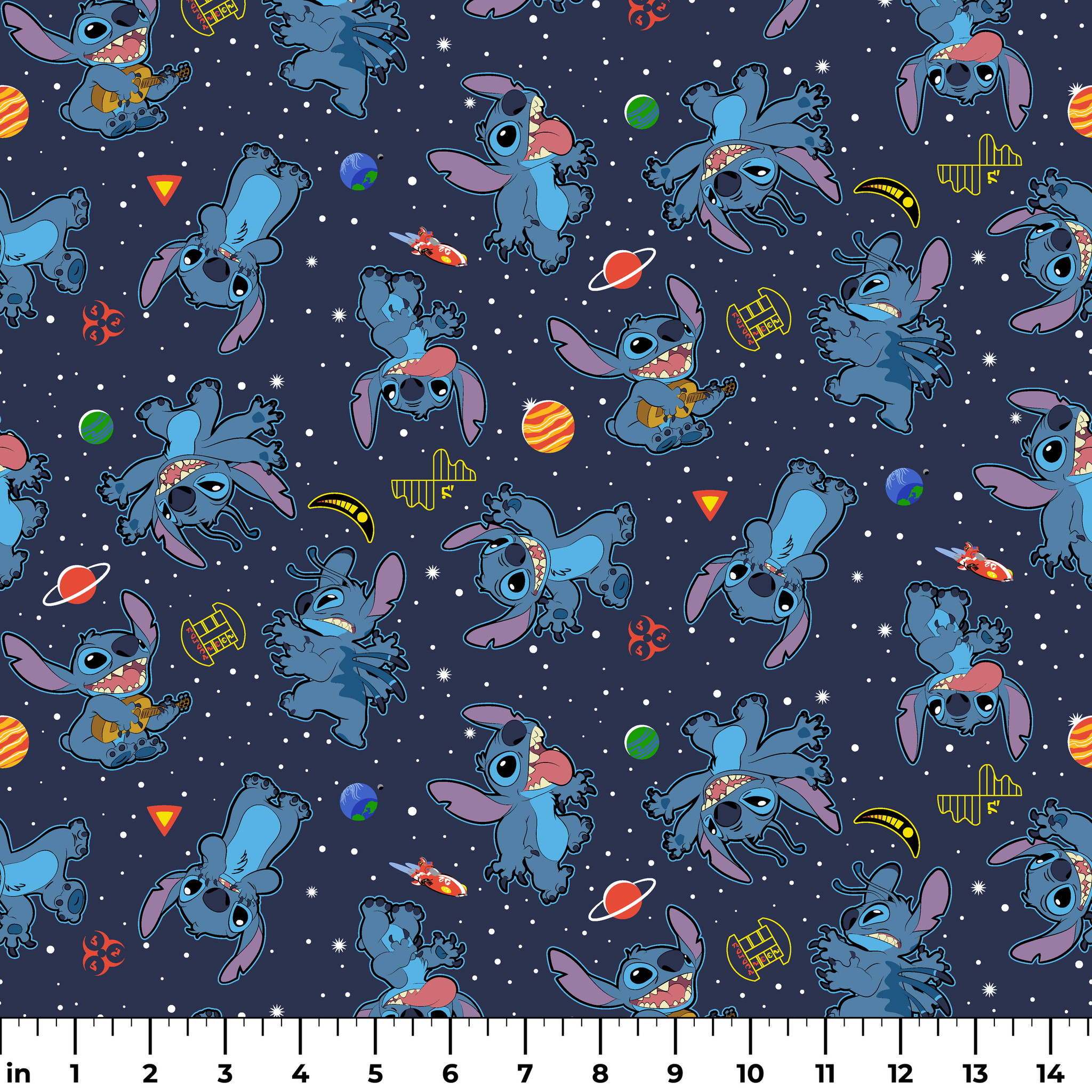 Disney's Stitch floating in space with planets, stars, and spaceships on dark background pattern ruler