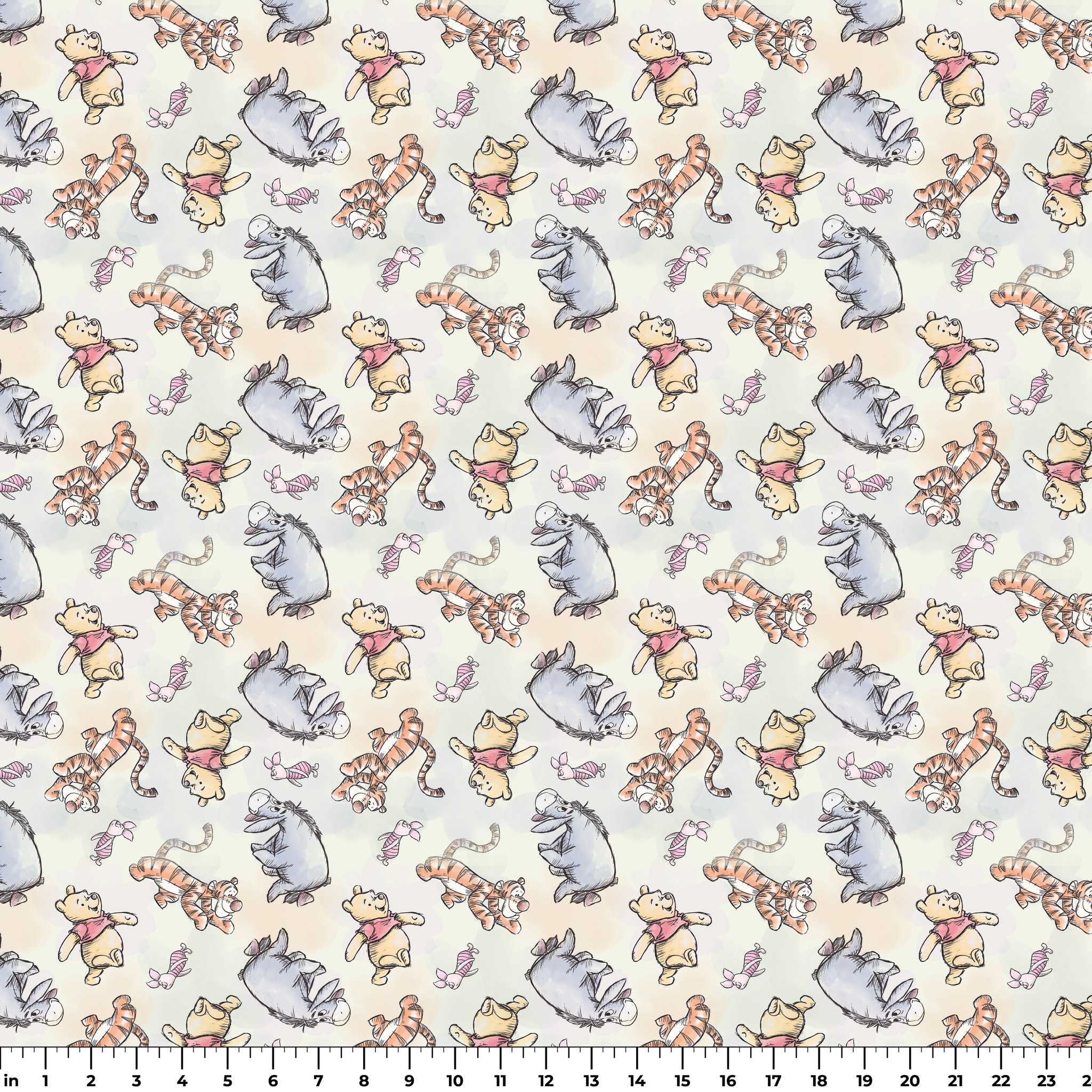 Whimsical pattern featuring cartoon bears in red shirts with bouncing tigers and small pink chara... ruler