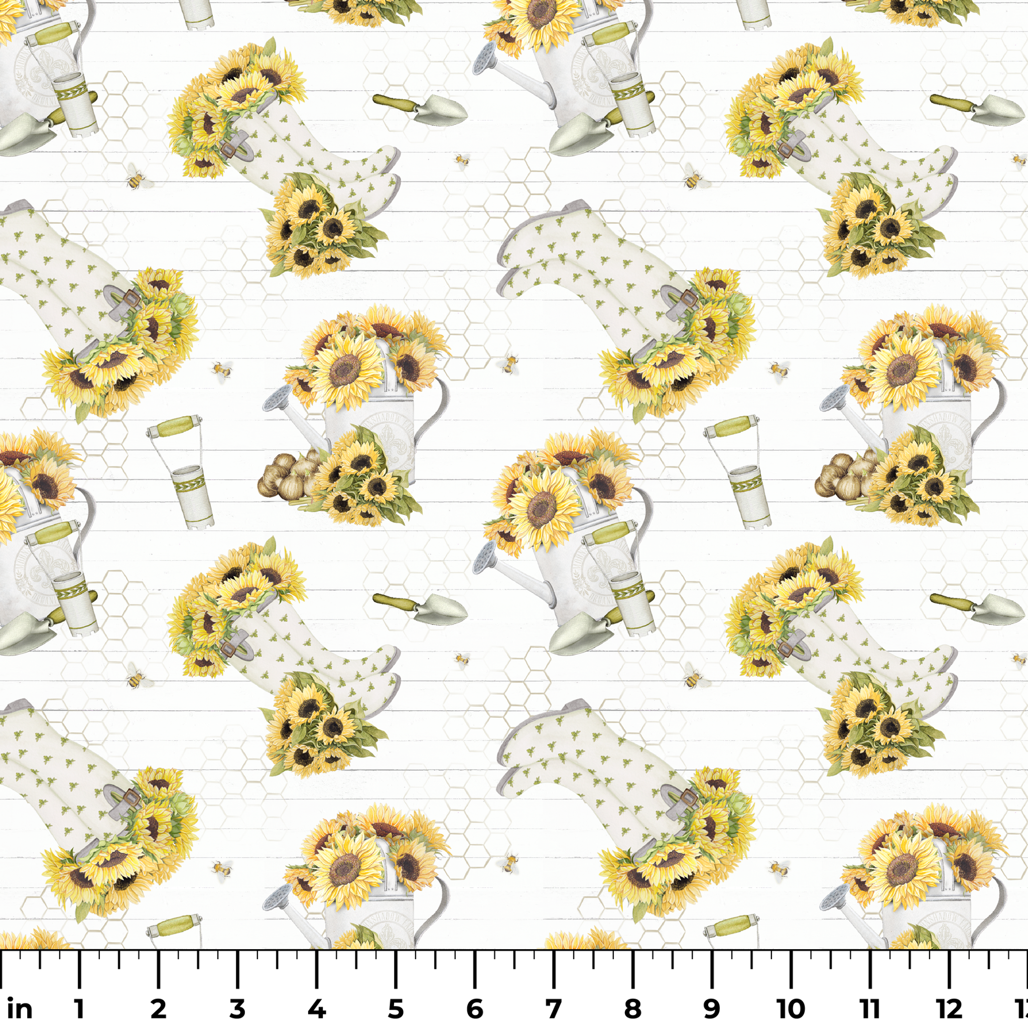 Sunflower-filled watering cans with bees, trowels, and garden tools on a white shiplap and honeycomb background. Designed by Nicole Tamarin. ruler