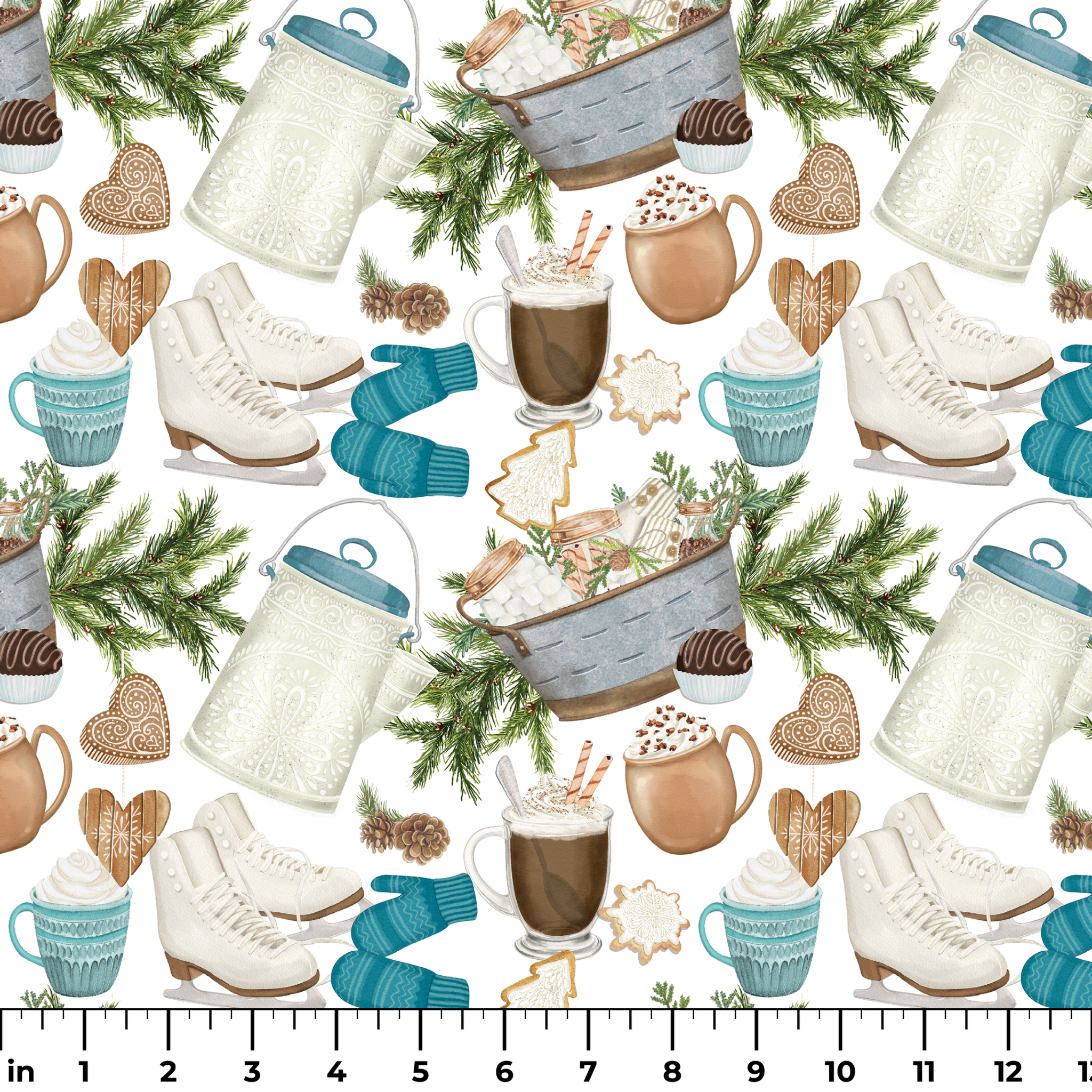 Winter-themed pattern featuring cocoa mugs, ice skates, mittens, pine branches, and holiday cookies in neutral and blue tones by Nicole Tamarin. ruler
