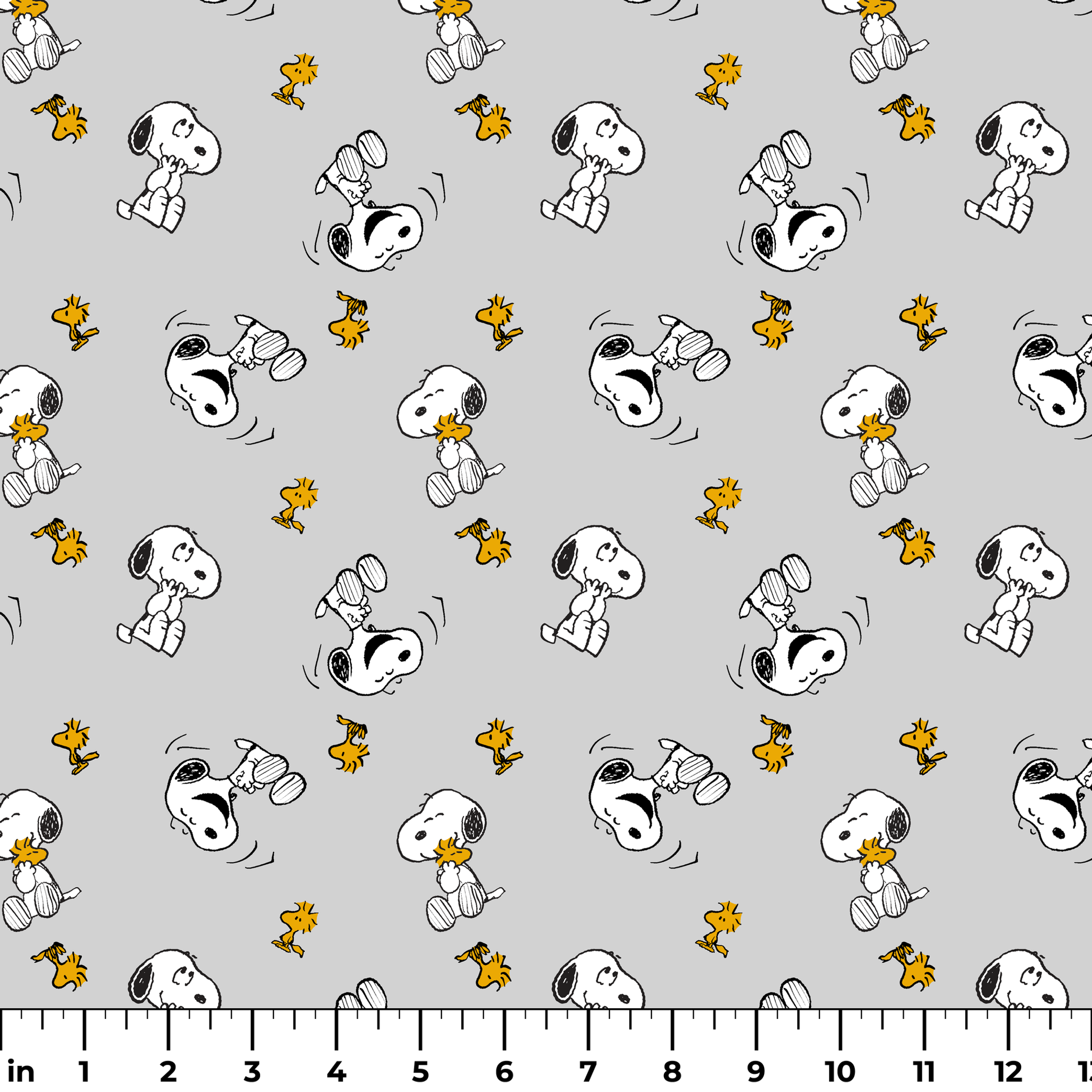 Pattern of Peanut's Snoopy and Woodstock on light gray background ruler