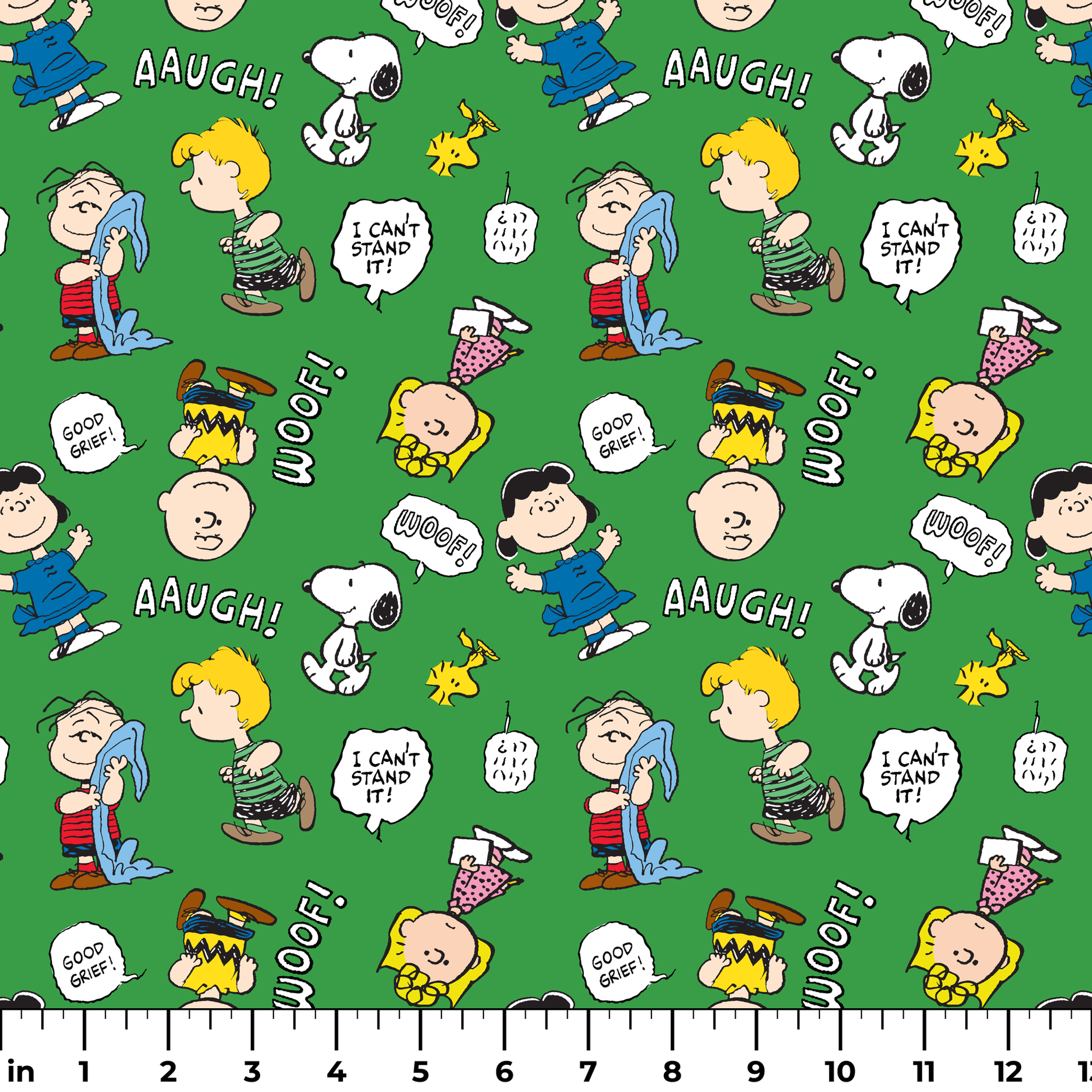 Peanuts comic characters on green background - Snoopy, Woodstock, and gang with speech bubbles like "AAUGH!" and "I CAN'T STAND IT! ruler