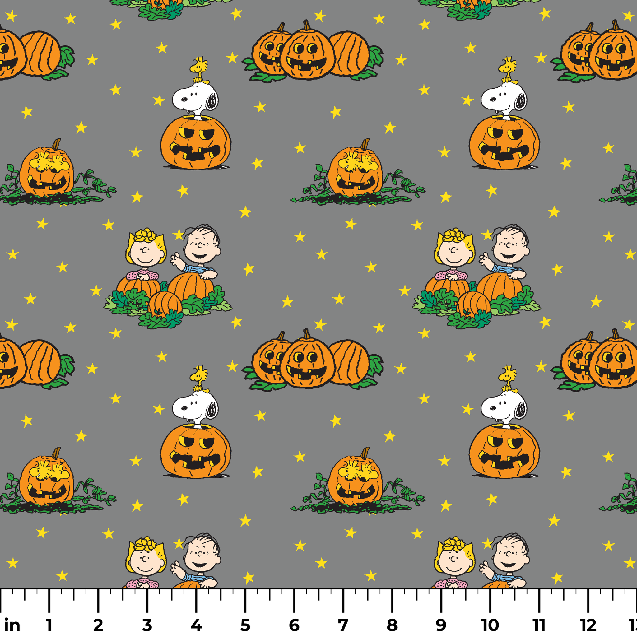 Peanuts Halloween pattern with Snoopy on pumpkins, Peanuts characters in pumpkin patches, and yellow stars on gray background. ruler