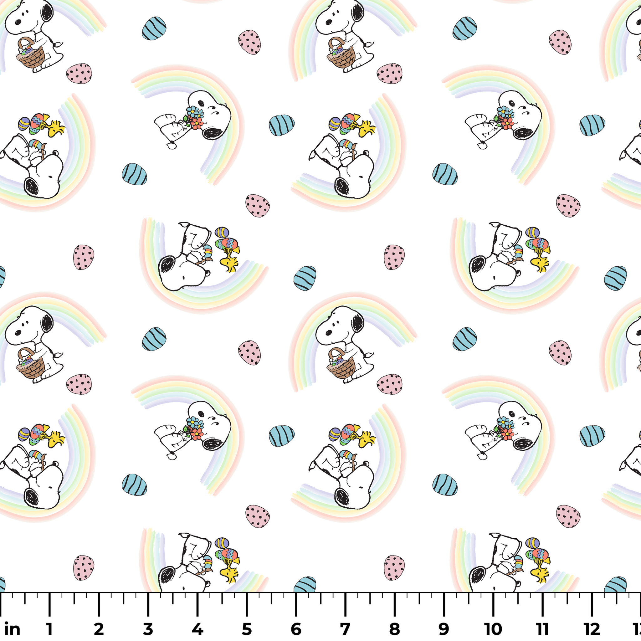 Snoopy pattern with Easter eggs, rainbows, and Woodstock, featuring Snoopy holding flowers and baskets ruler
