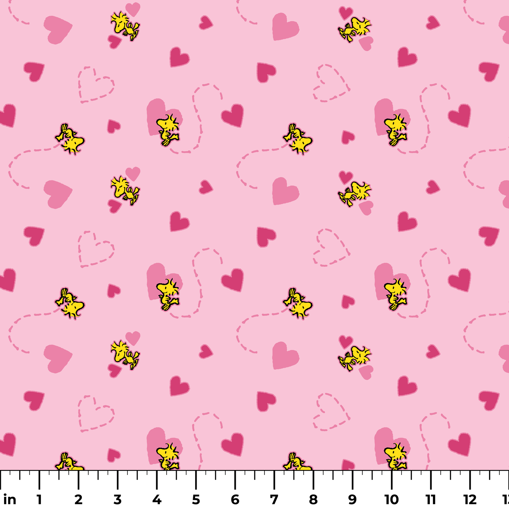 Pink background with hearts and Woodstock pattern, dotted heart outlines and solid pink hearts scattered throughout. ruler