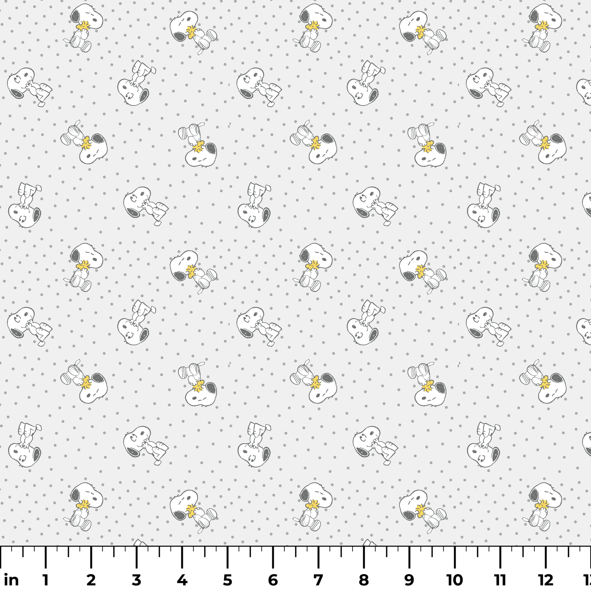 Snoopy and Woodstock on polka dot background in a repeating pattern ruler