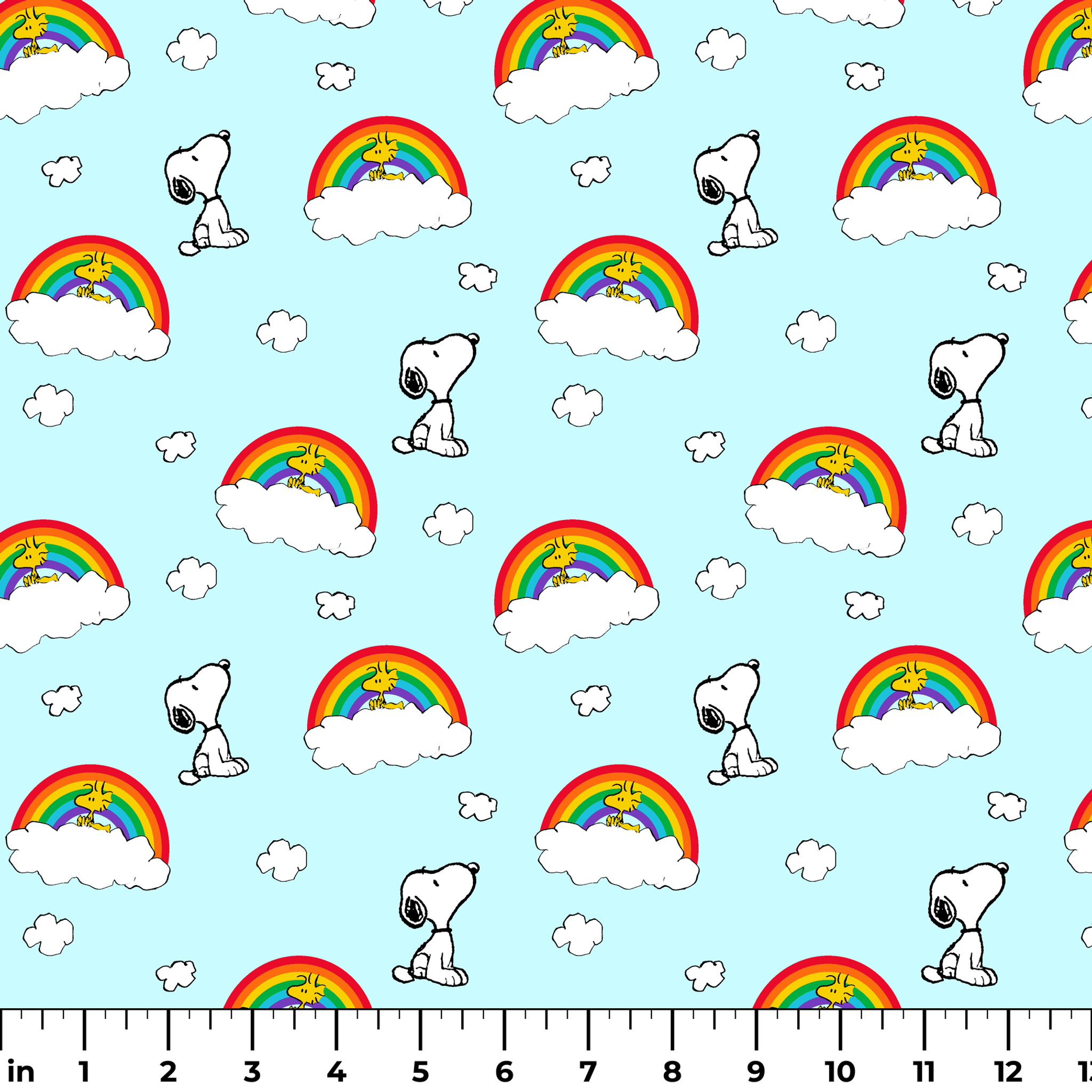 Snoopy and Woodstock characters on light blue background with rainbows, clouds and white fluffy clouds ruler