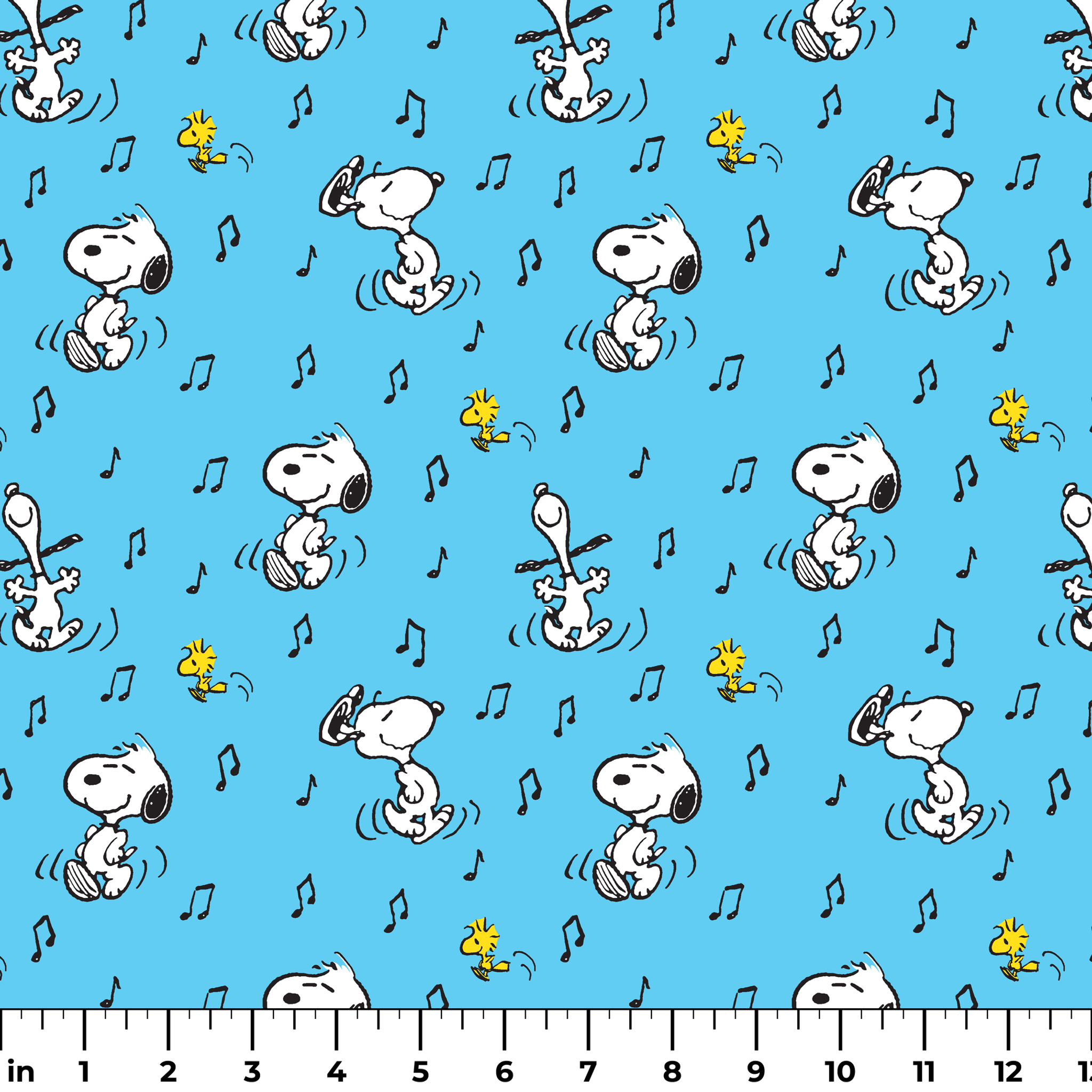 Cartoon characters Snoopy and Woodstock dancing with musical notes on light blue background ruler