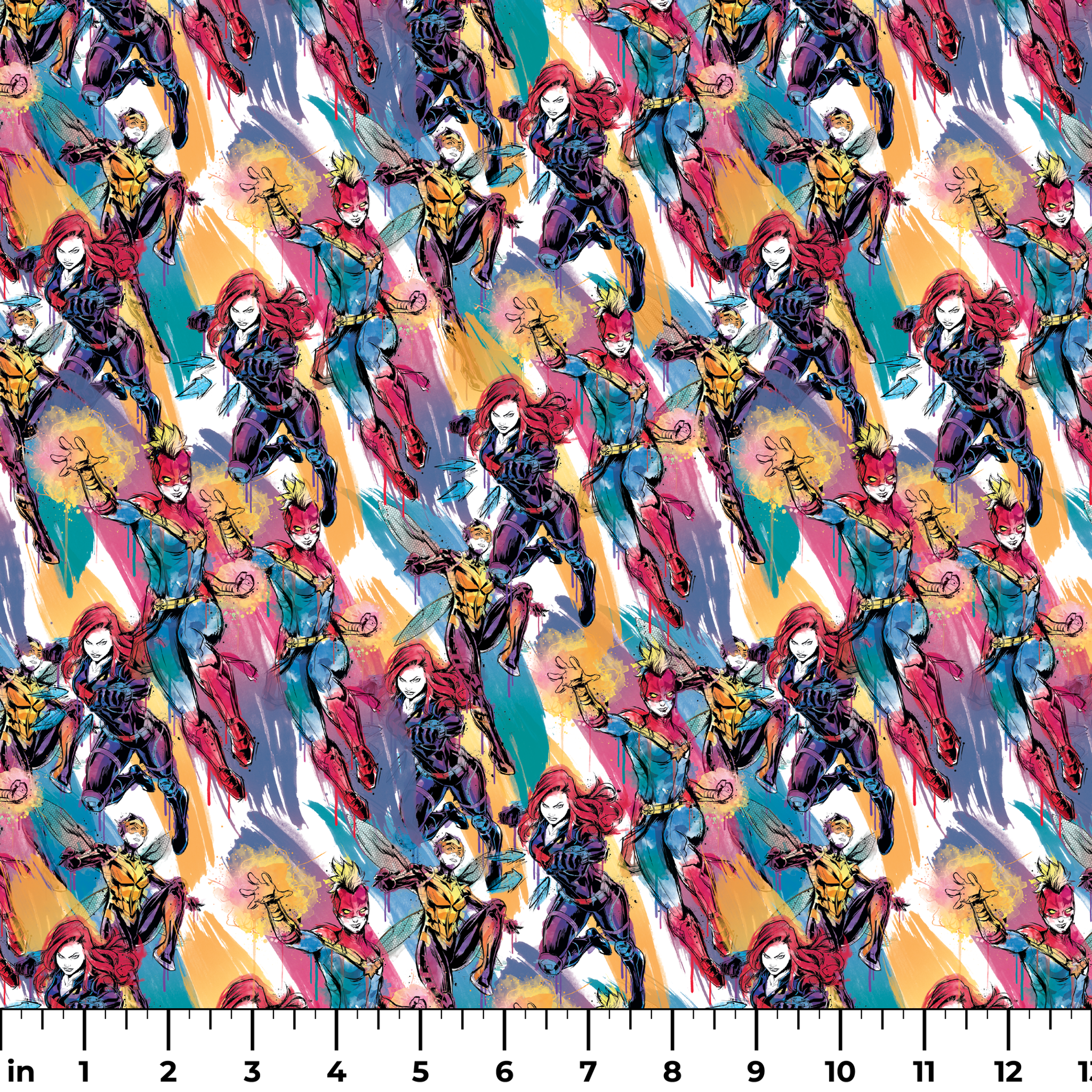 Colorful comic book superhero pattern with characters in dynamic poses against abstract brushstroke background ruler