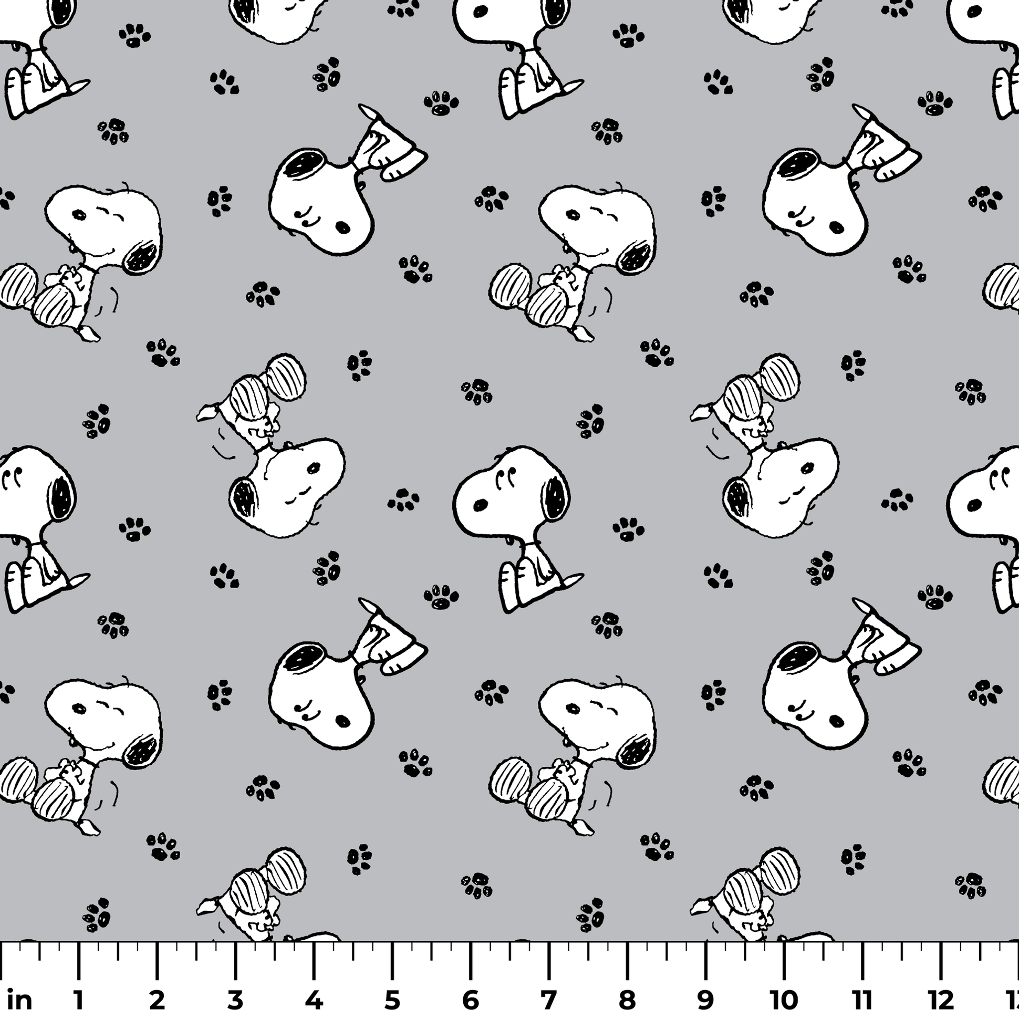 Snoopy with black ears on gray background with paw prints, in various poses ruler
