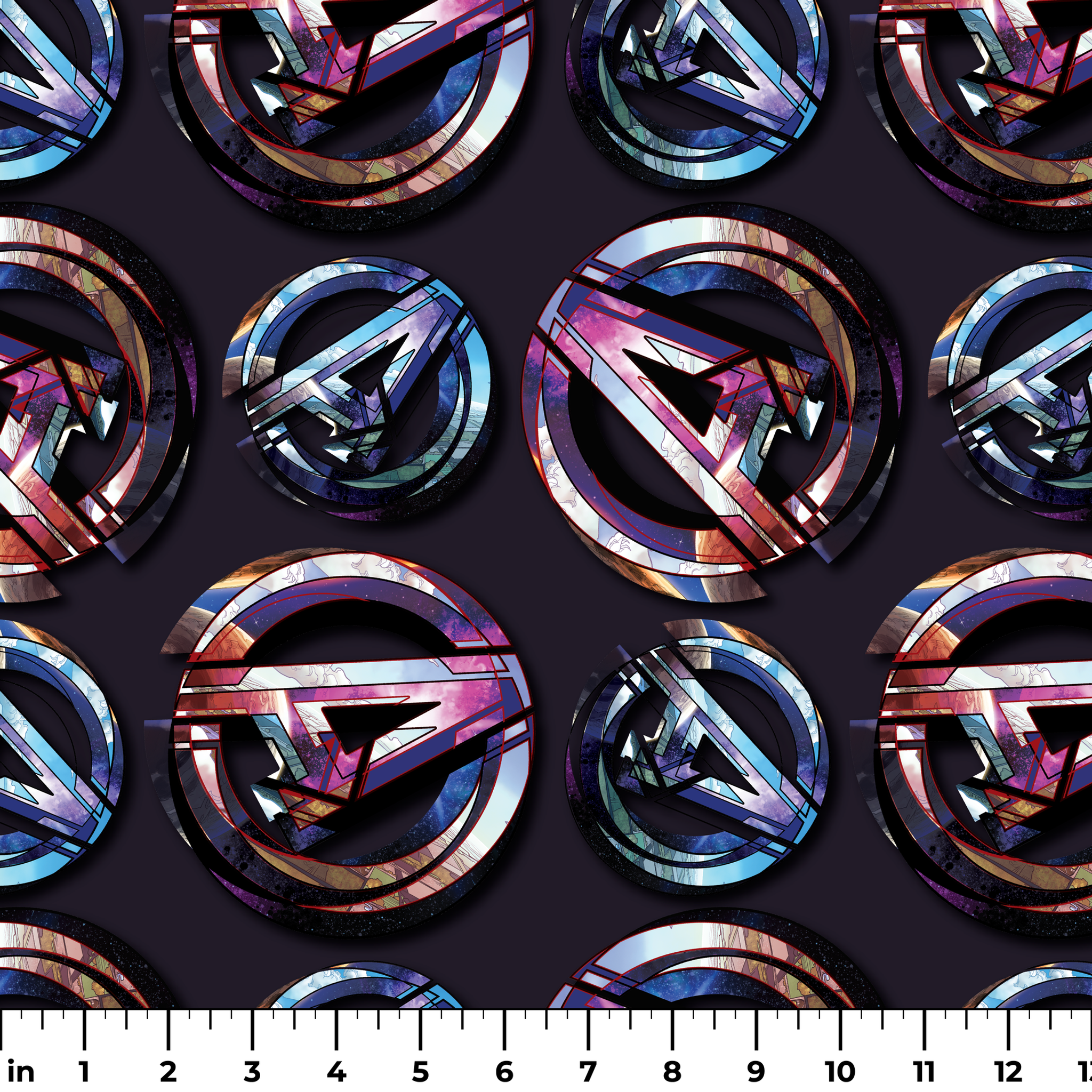 Colorful metallic Avengers logo pattern with iridescent purple and blue reflections on dark background ruler