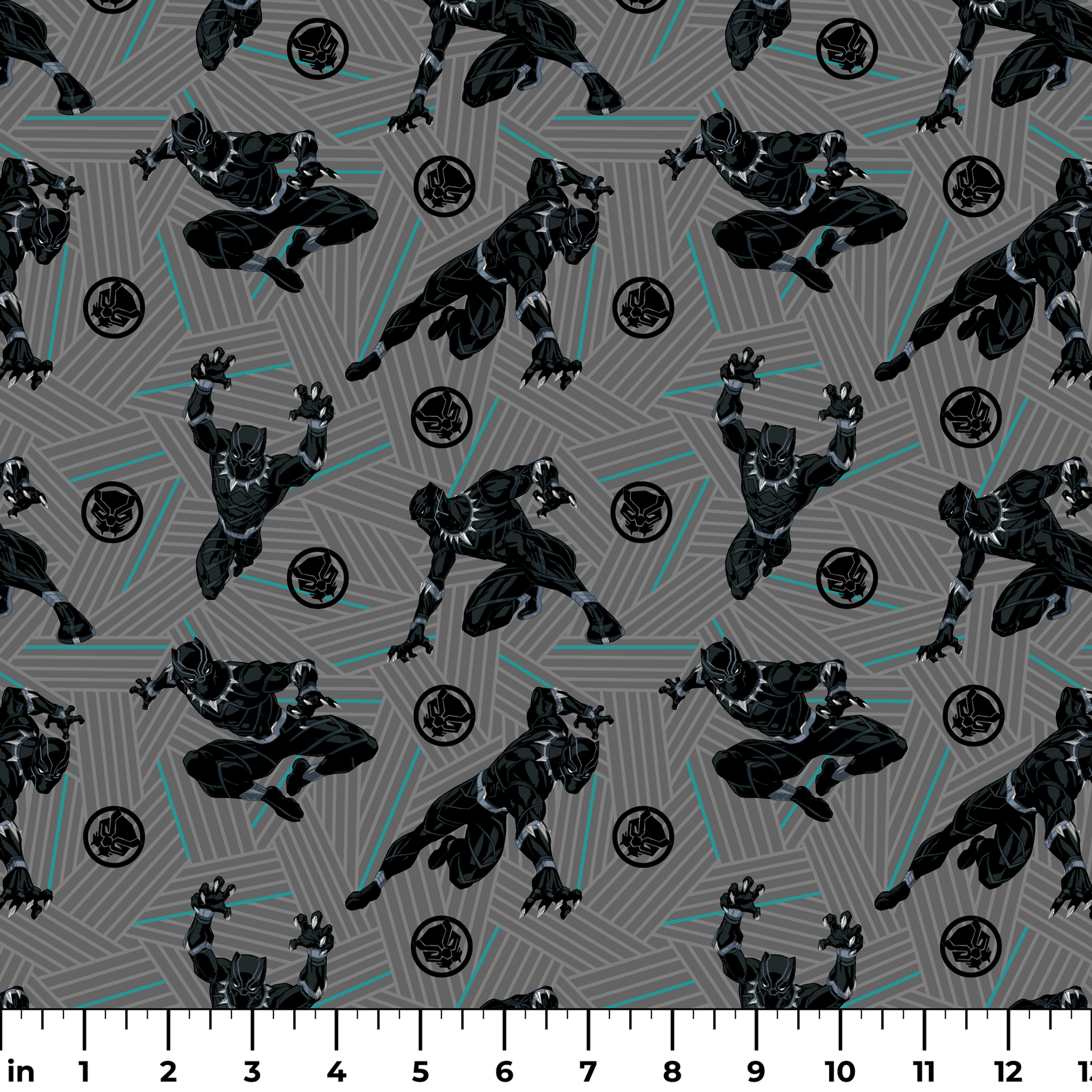 Black superhero figure in dynamic poses against gray geometric background with teal accents and circular emblems ruler