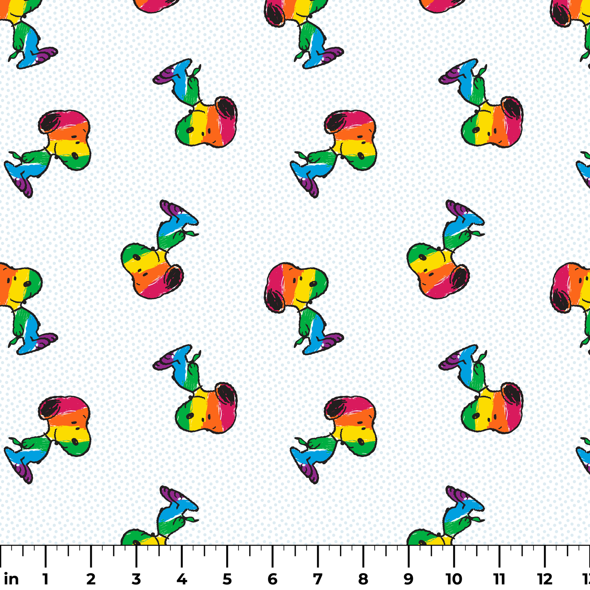 Colorful rainbow Snoopy in various poses on a dotted white background ruler