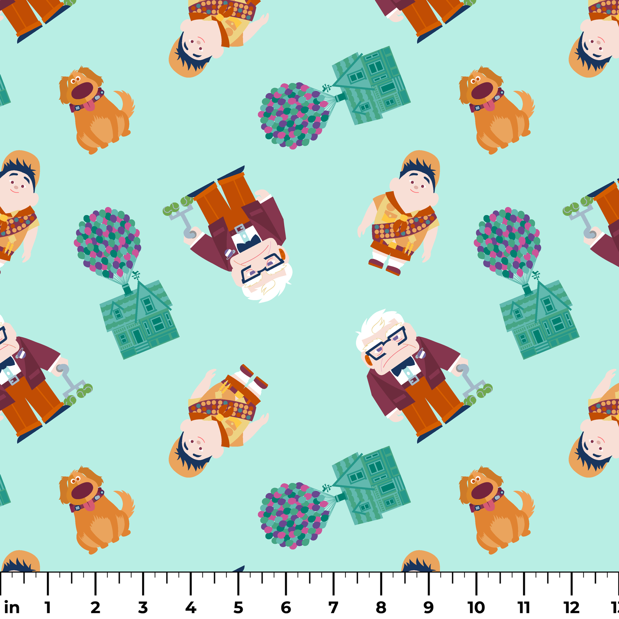 Cartoon pattern on mint background featuring characters from Pixar's "Up" with balloons, houses, and colorful elements ruler