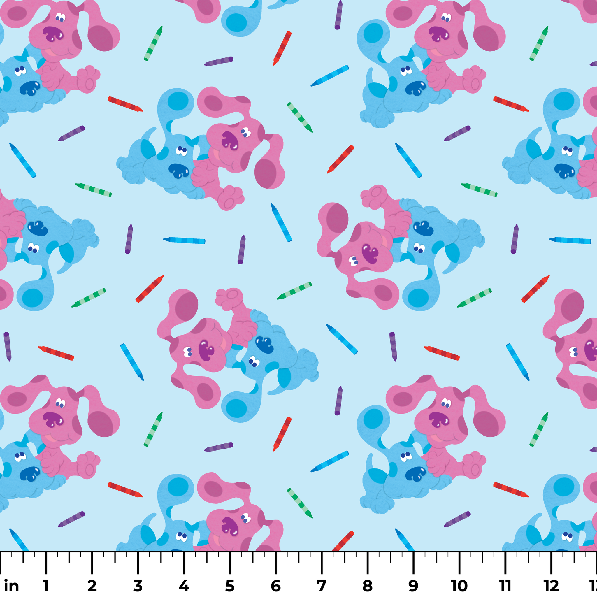 Playful pattern of cartoon blue and pink dogs with colorful stick accents on light blue background ruler