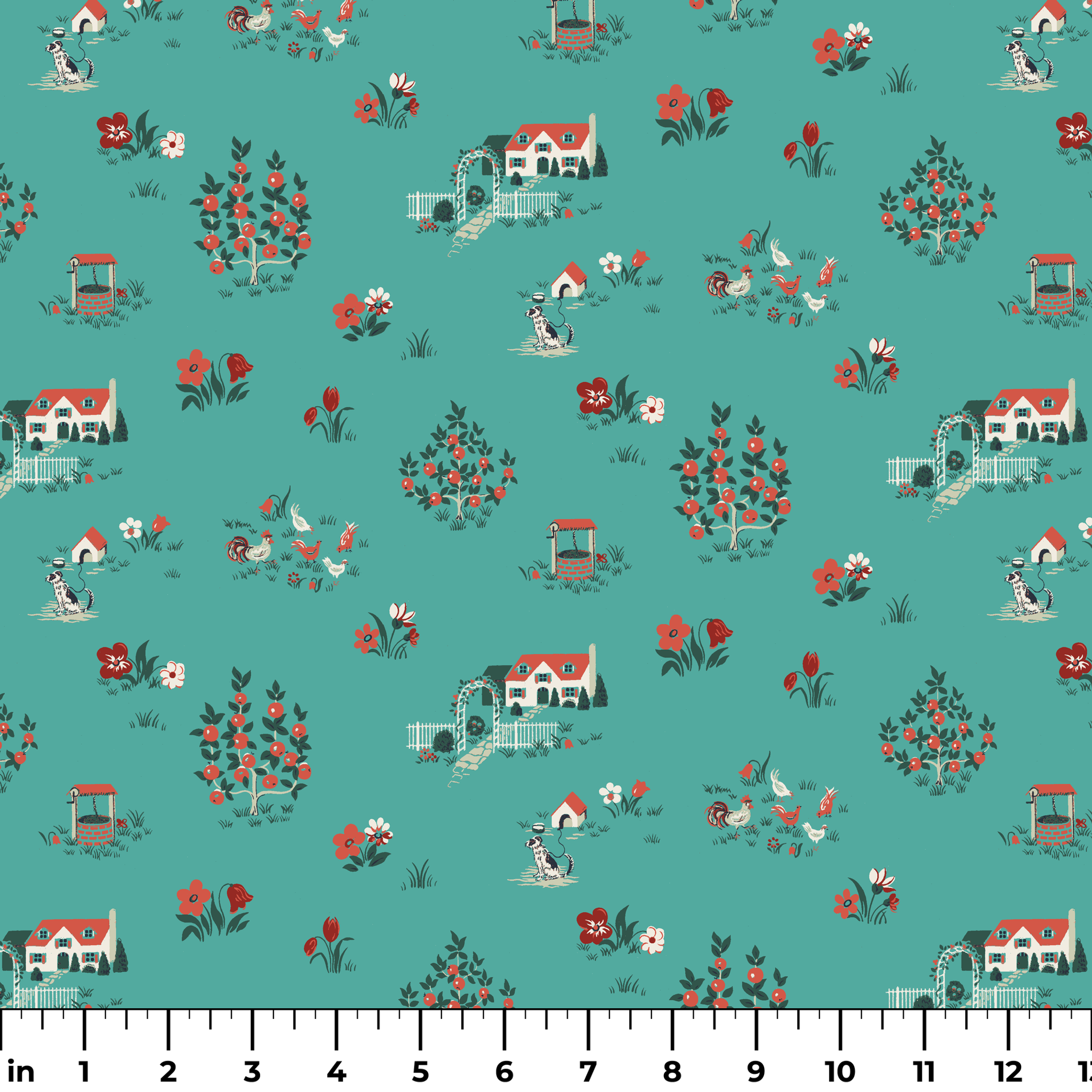 Teal background fabric with vintage cottages, flowers, chickens, and wells in a scattered countryside layout. ruler
