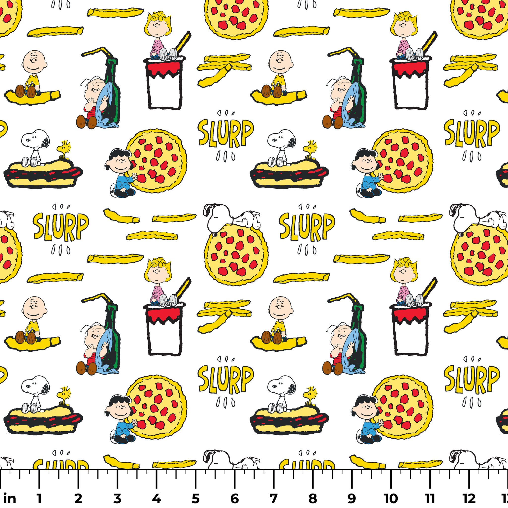 Peanuts cartoon characters with pizza, hot dogs, and "SLURP" text in a repeating pattern ruler
