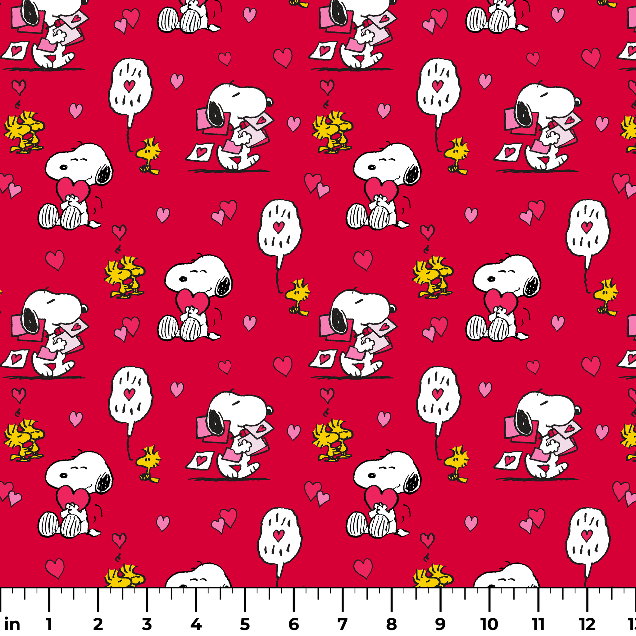 Snoopy and Woodstock pattern with hearts on bright red background, Valentine's theme ruler