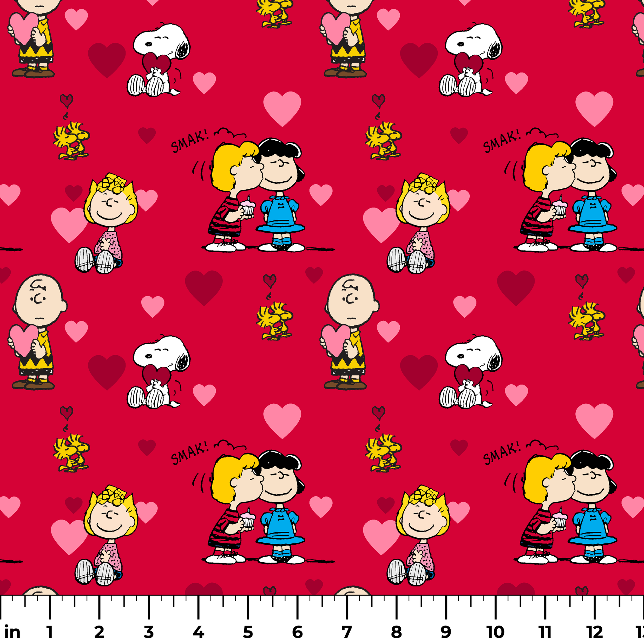 Peanuts characters on red background with hearts; Snoopy, Woodstock, and others in Valentine's theme ruler
