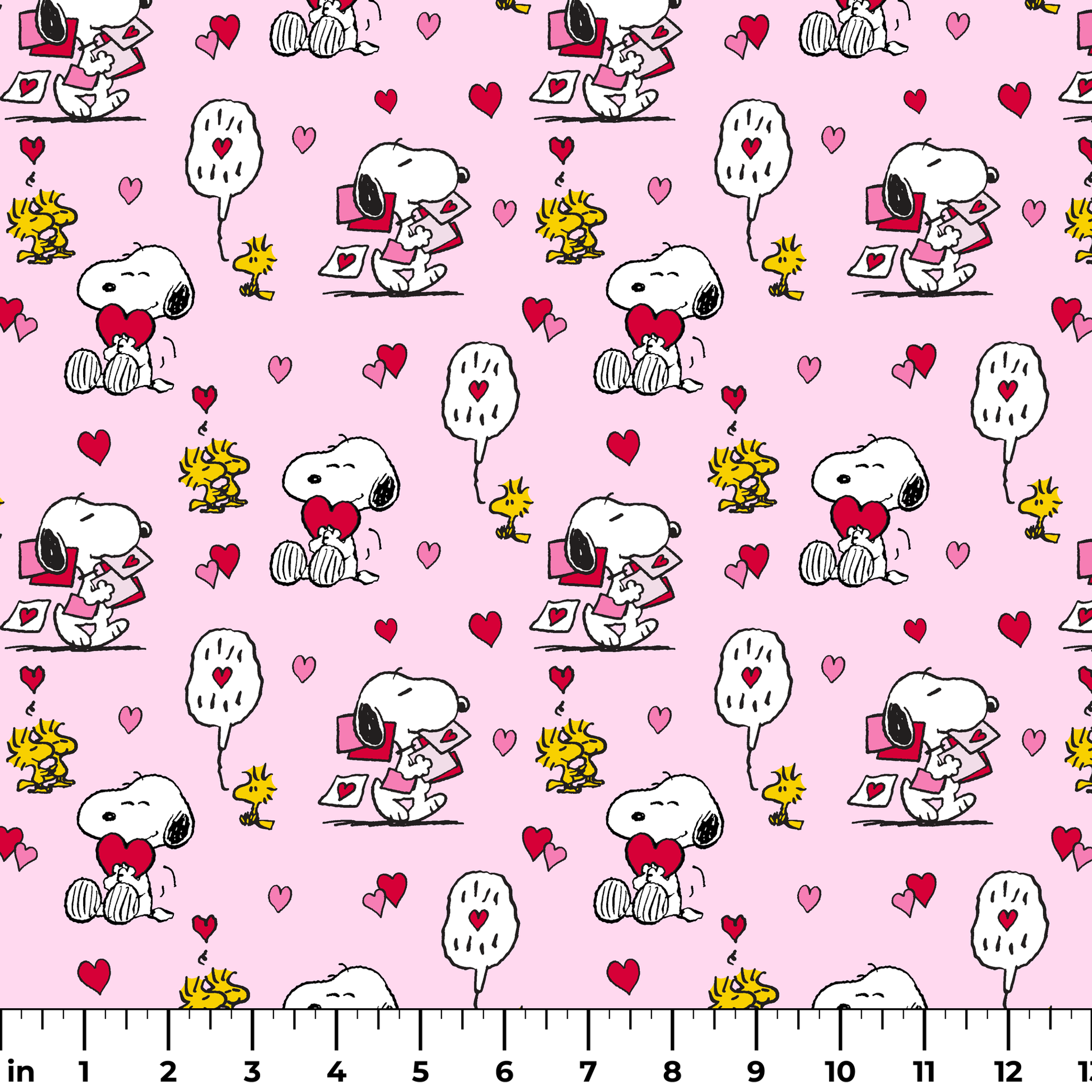 Valentine's pattern with Snoopy, Woodstock, and hearts on pink background, featuring love letters and speech bubbles. ruler