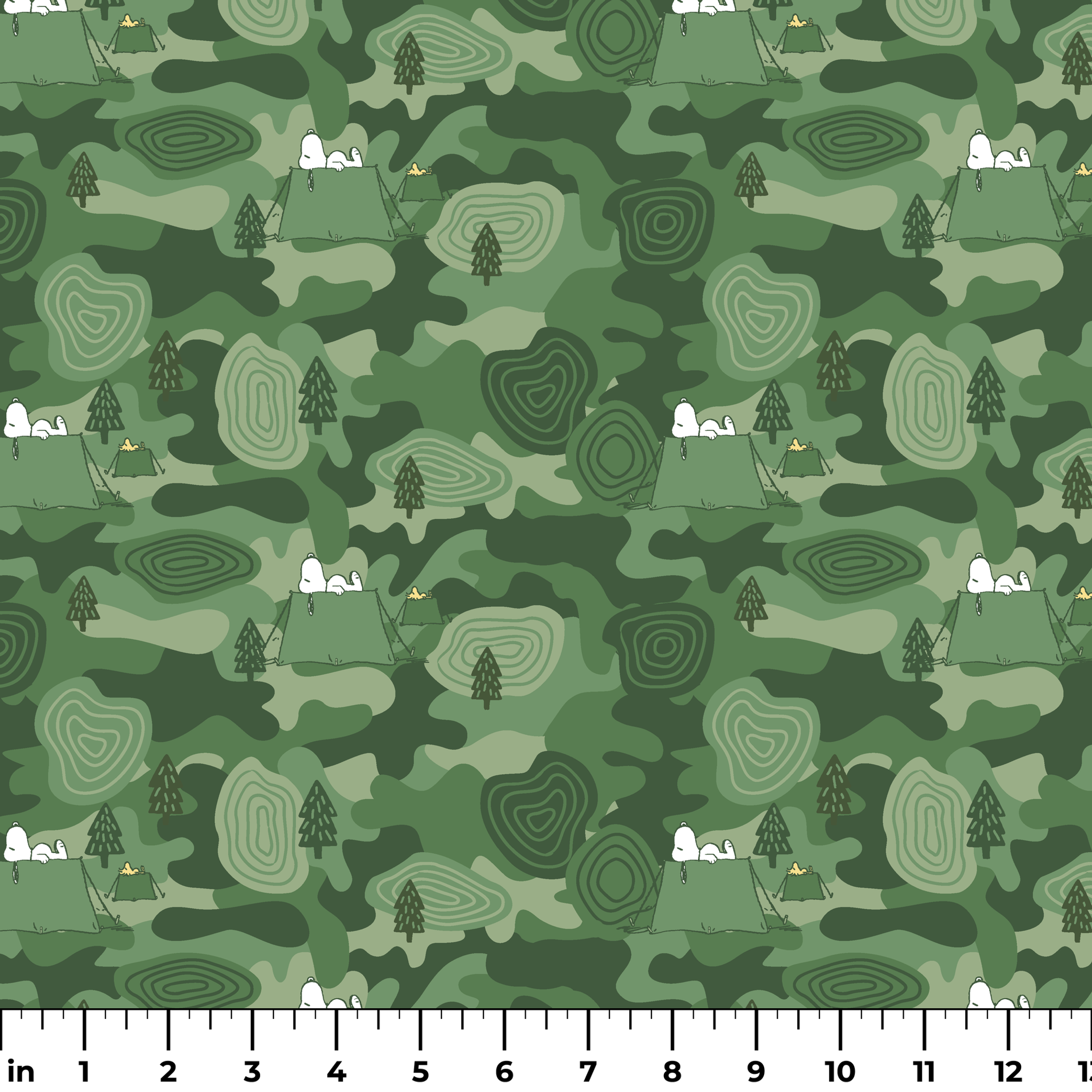 Snoopy camping scene with tents and trees on a green camouflage pattern background ruler
