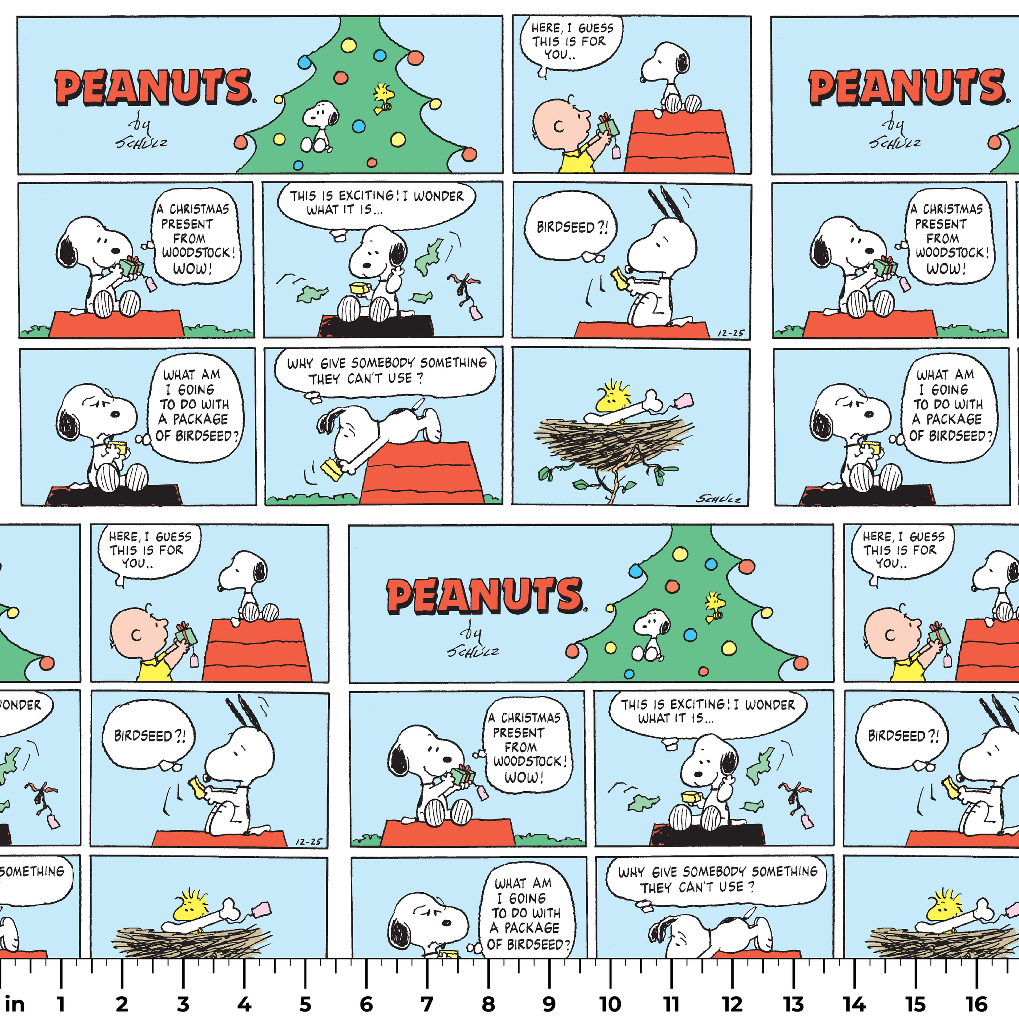 This is a Peanuts comic strip featuring Snoopy on his red doghouse with a Christmas tree visible. The panels show Snoopy preparing and decorating his doghouse for the holidays, with his yellow bird friend Woodstock appearing in a nest with Christmas lights. ruler