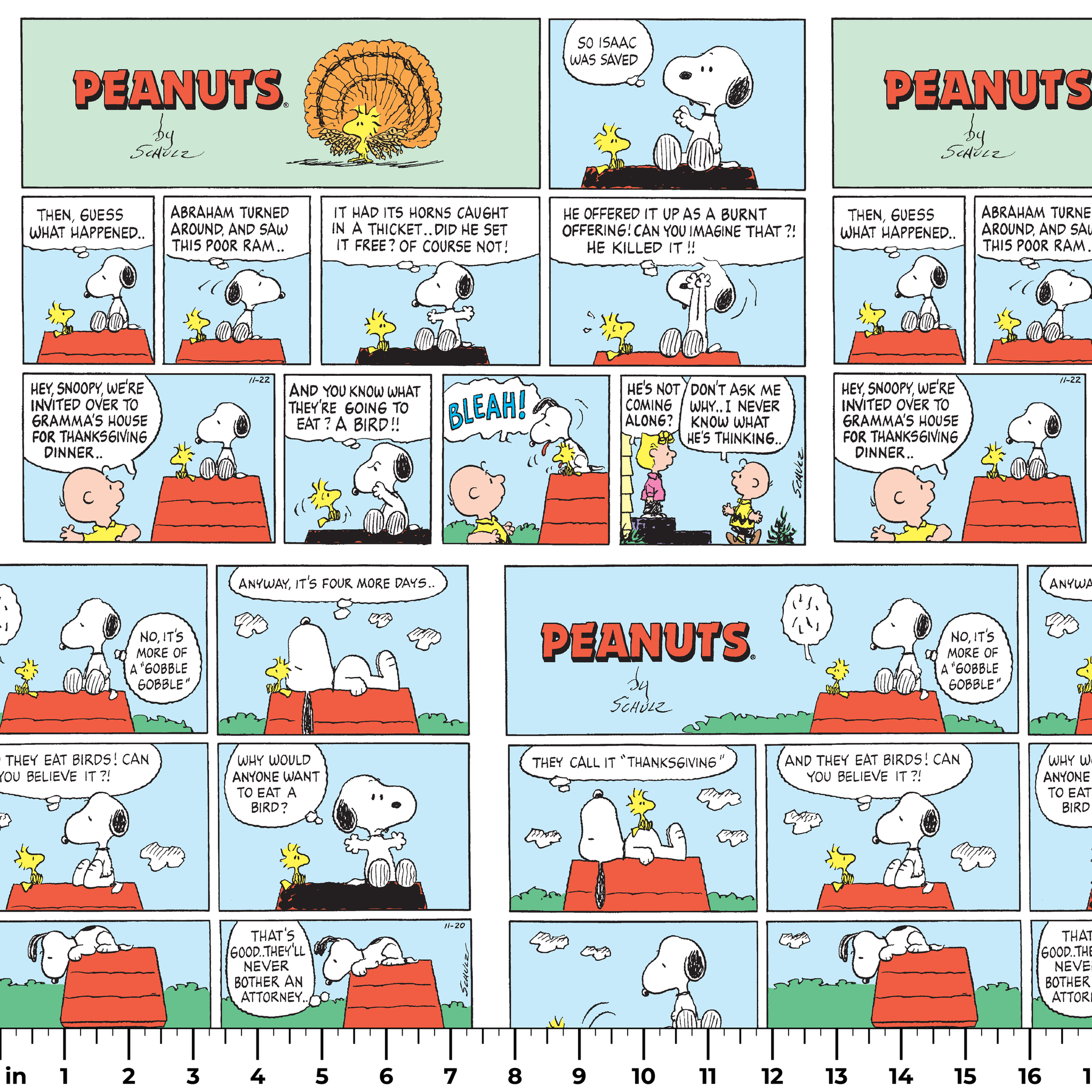 A Peanuts comic strip featuring Snoopy on his red doghouse, shown in multiple panels with Thanksgiving and food-related humor throughout the colorful Sunday format. ruler
