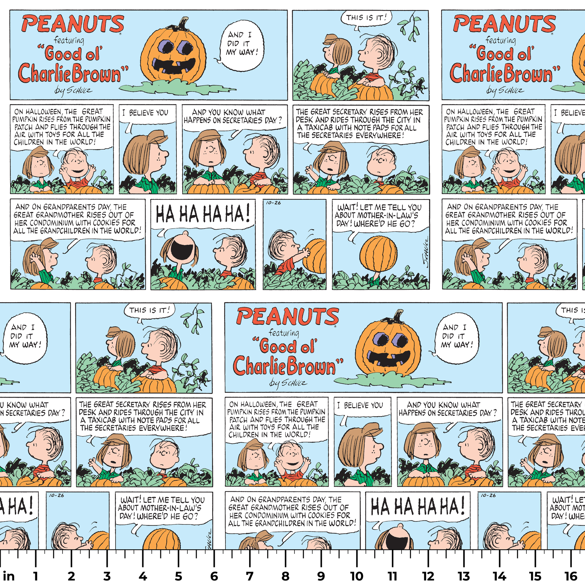 Peanuts comic strip featuring "Great Pumpkin" Halloween storyline with cartoon children and jack-o'-lantern imagery across multiple panels. ruler