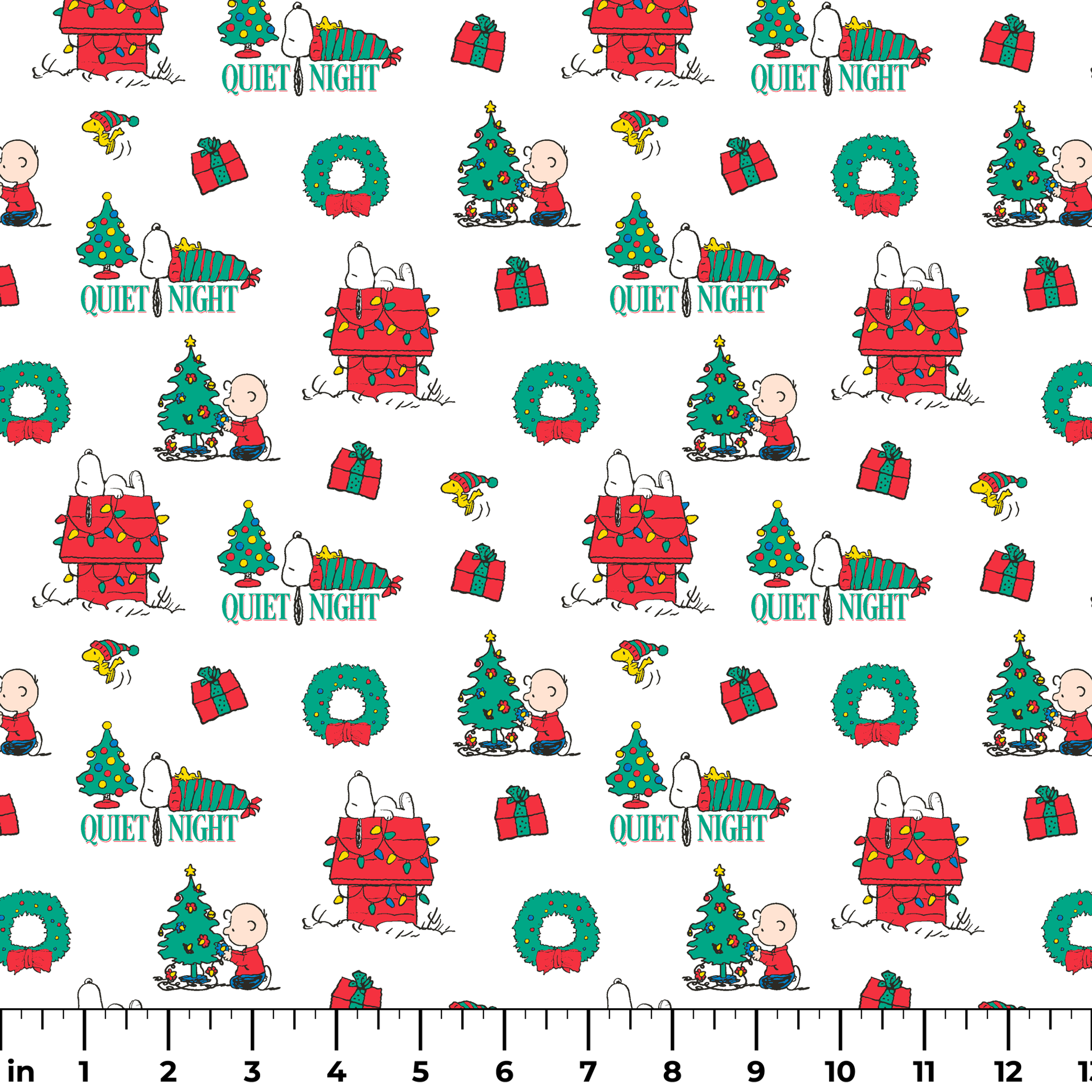 Peanuts Christmas pattern with Snoopy's decorated doghouse, trees, wreaths, and "Quiet Night" text ruler