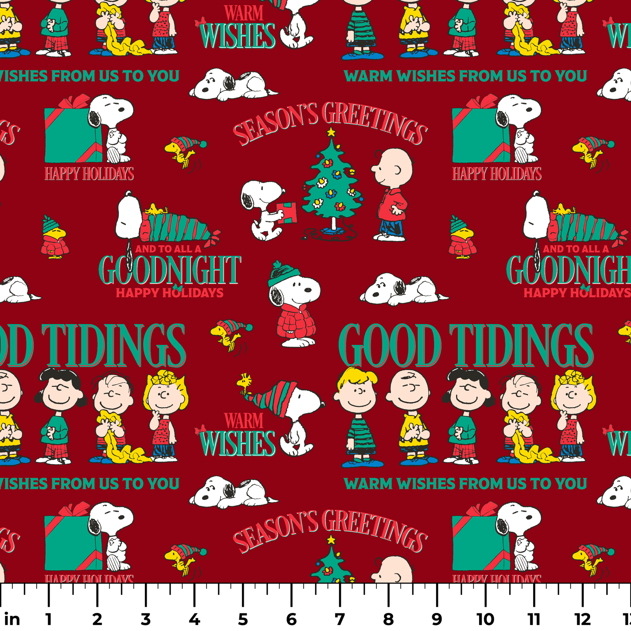 Colorful Peanuts Christmas pattern with Snoopy, Woodstock, and friends with holiday phrases on red background ruler