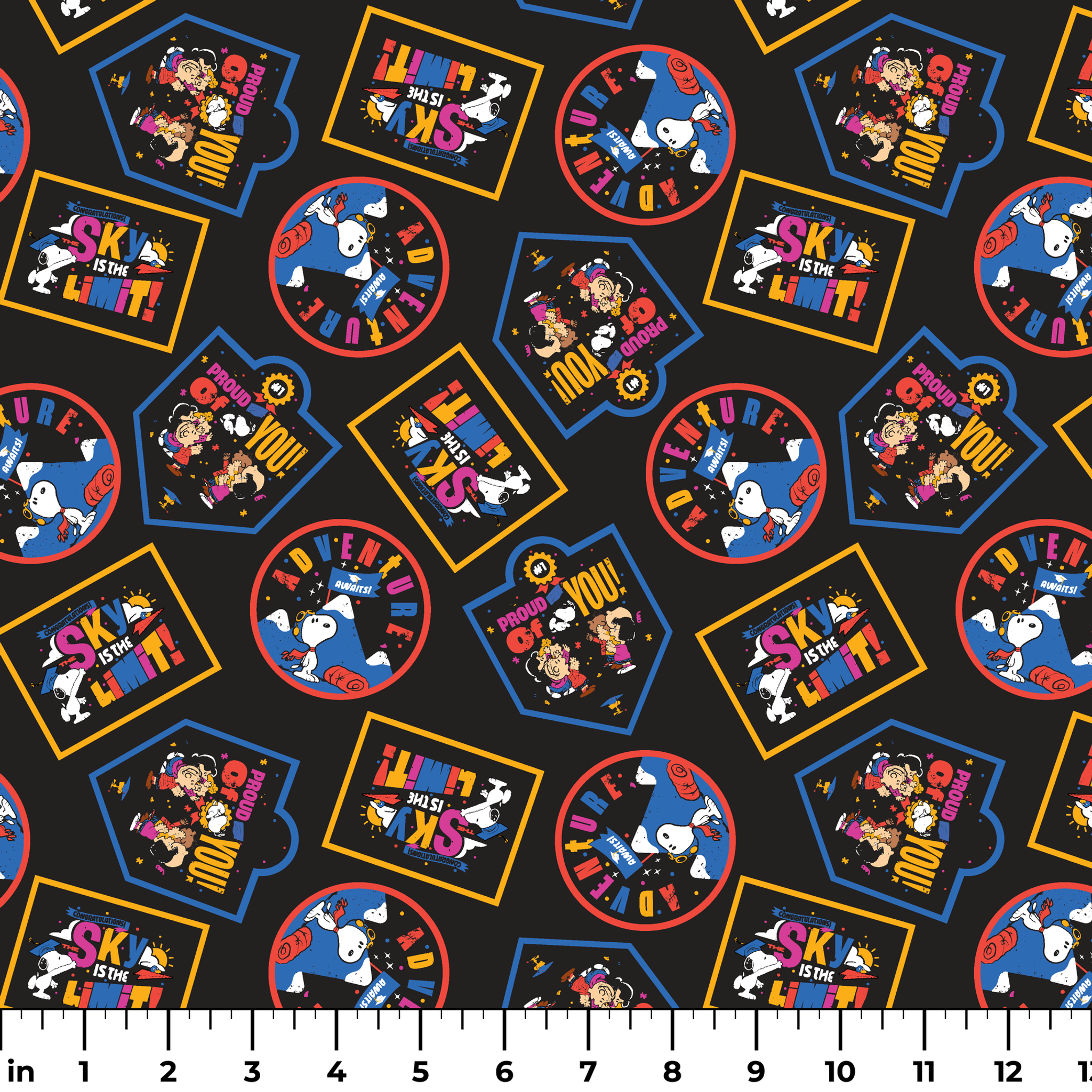 Colorful Peanuts character patches in various shapes on black background, featuring animated figures in vibrant colors ruler