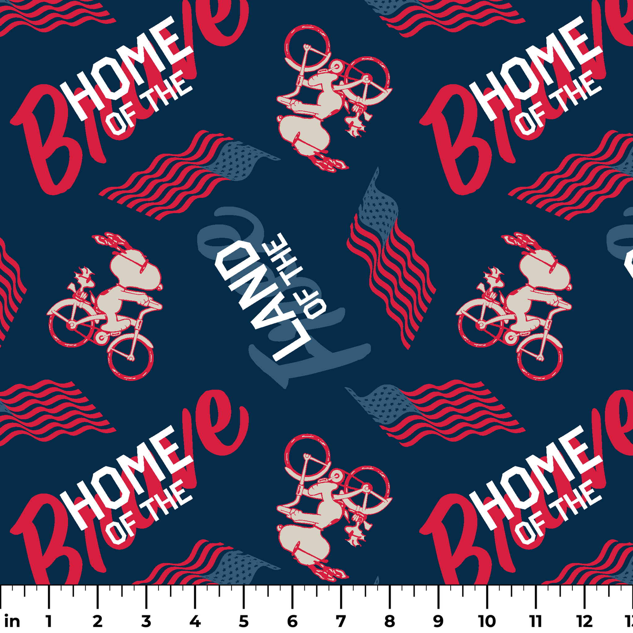 Repeating Peanuts "Home of the Brave" text pattern with bicycles on navy blue background with red wavy lines ruler