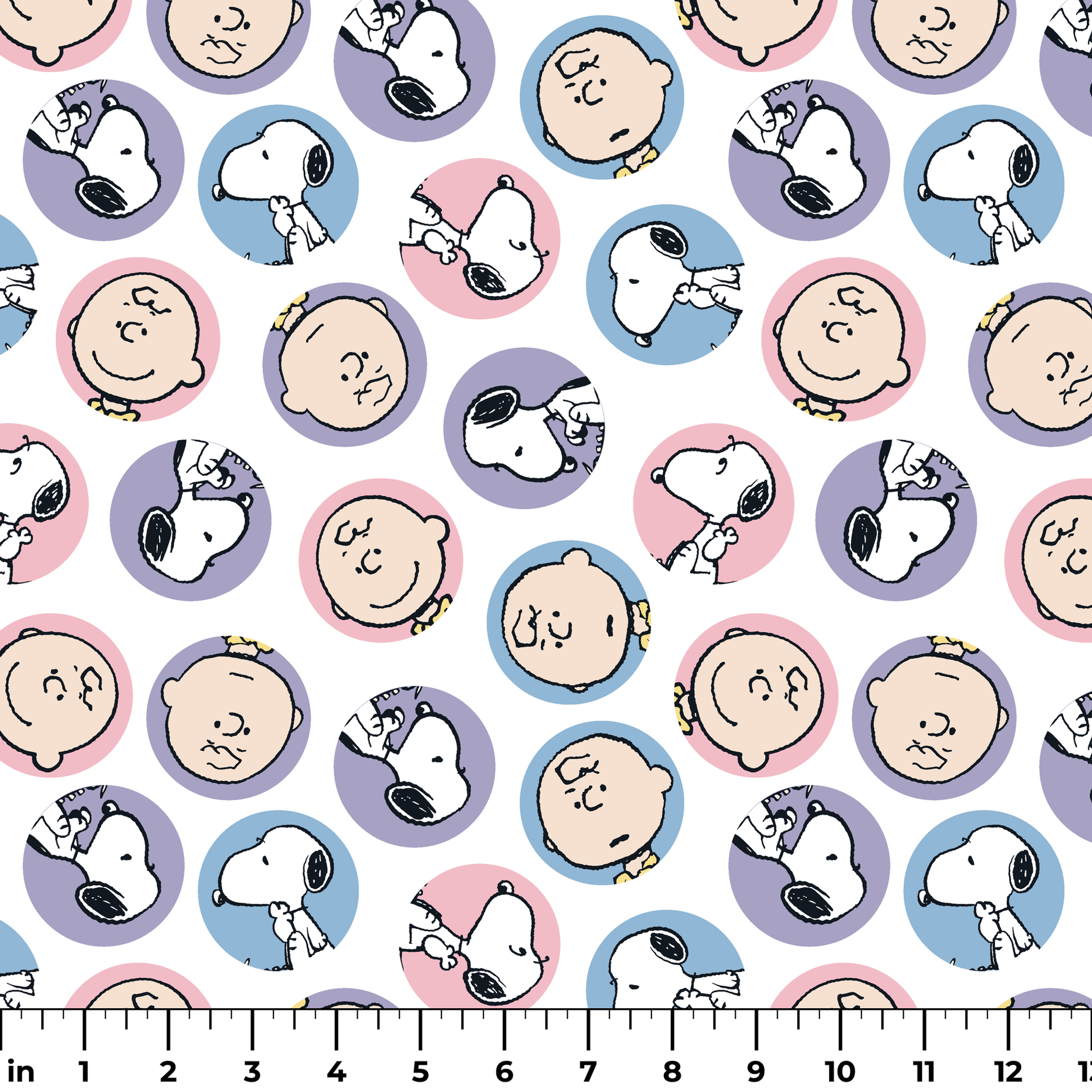 Peanuts cartoon pattern with Charlie Brown and Snoopy circular portraits in pink, blue and purple ruler