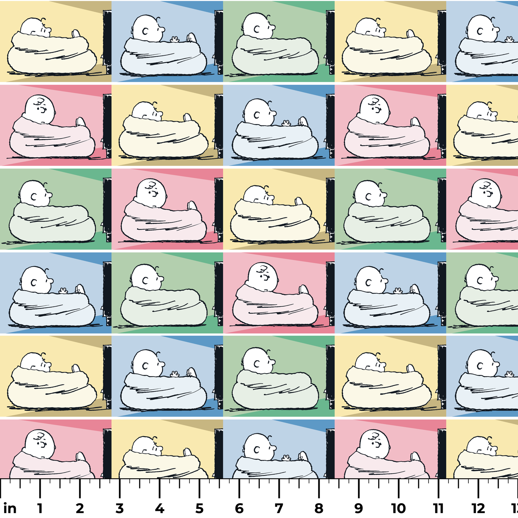 Charlie Brown resting on a white bed/nest in a grid of 12 colorful panels with pastel backgrounds. ruler