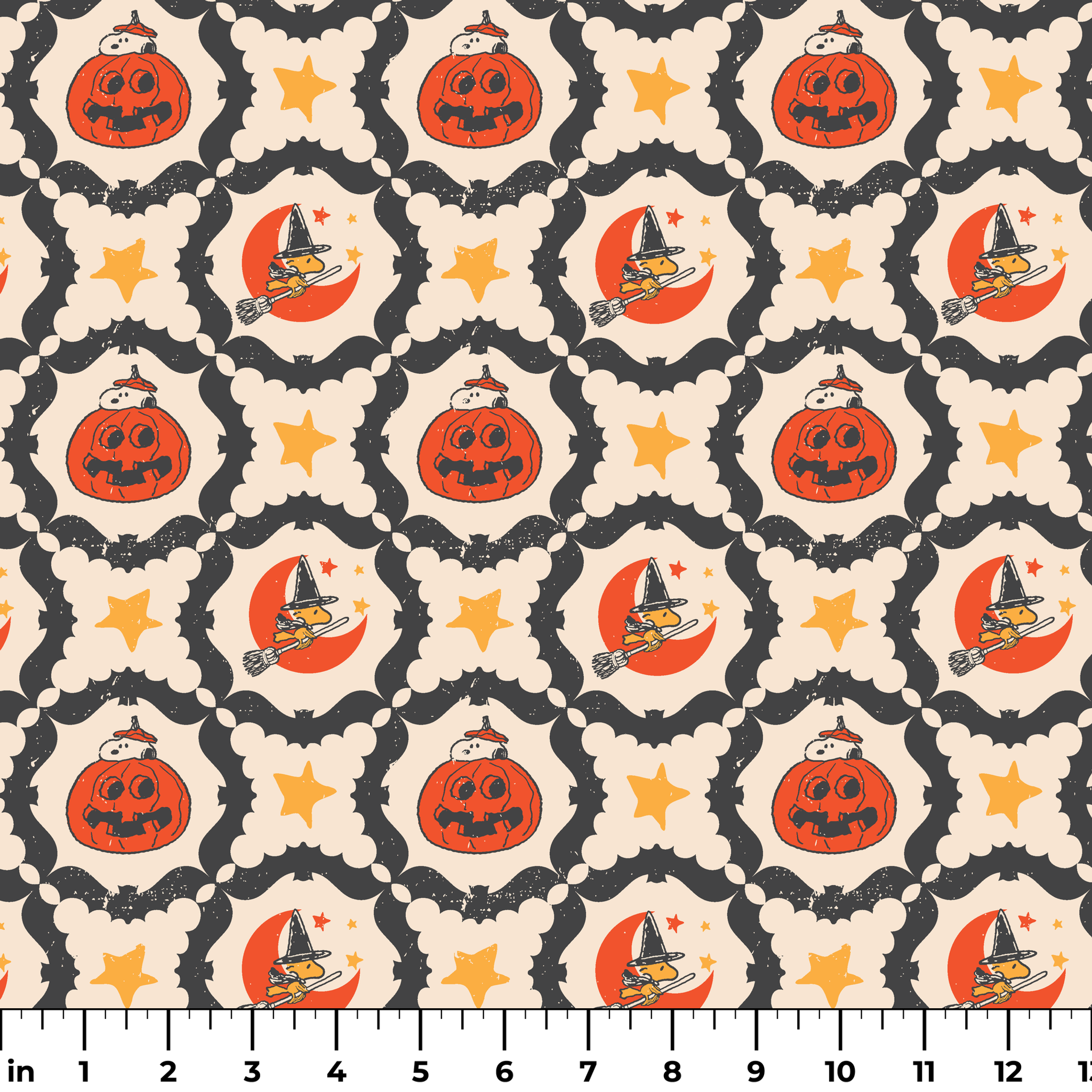 Peanuts Halloween pattern with orange jack-o'-lanterns, crescent moons with witch hats, yellow stars, and black bat borders on cream background ruler
