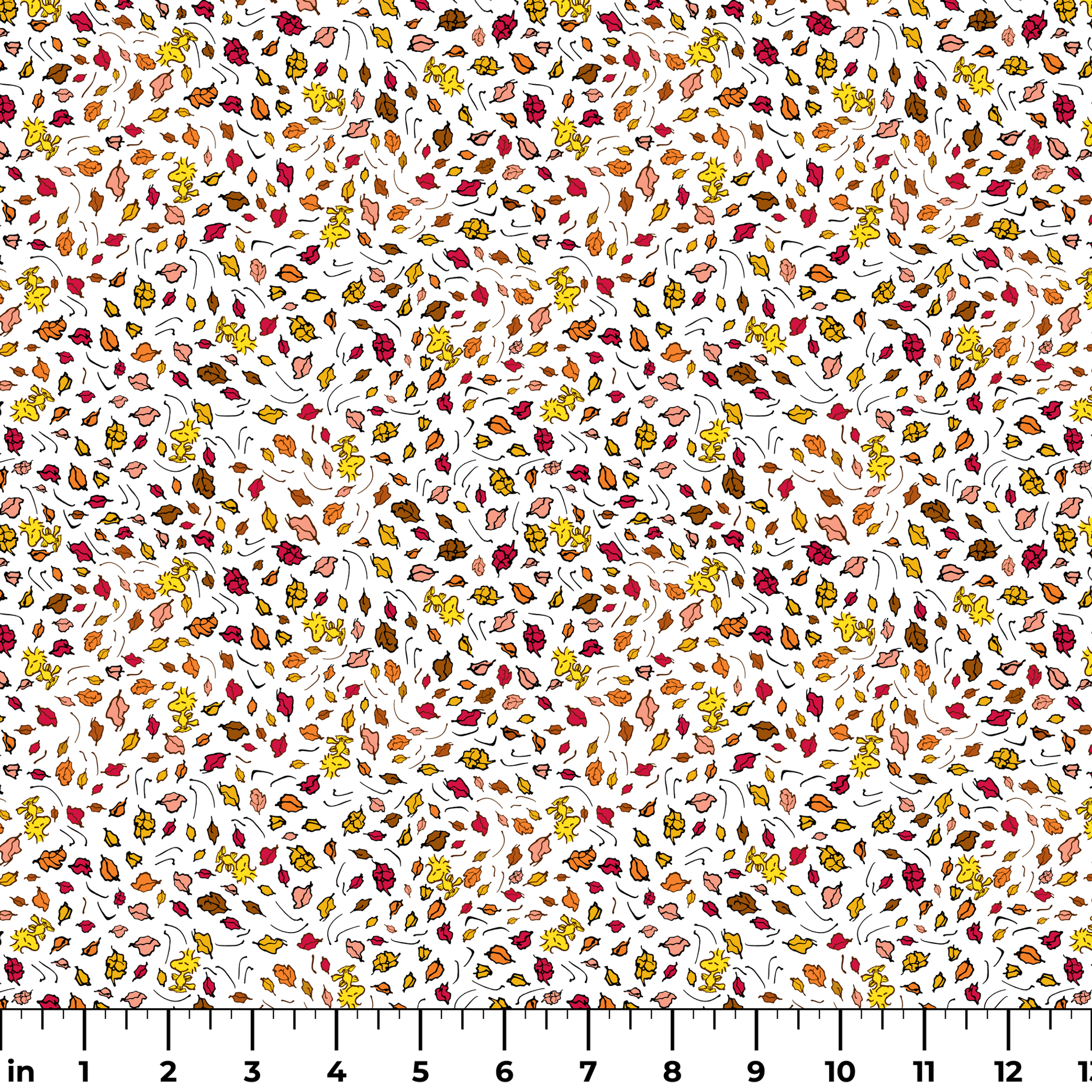 Colorful Peanuts autumn leaves pattern with Woodstock and yellow, red, and brown foliage scattered on white background ruler