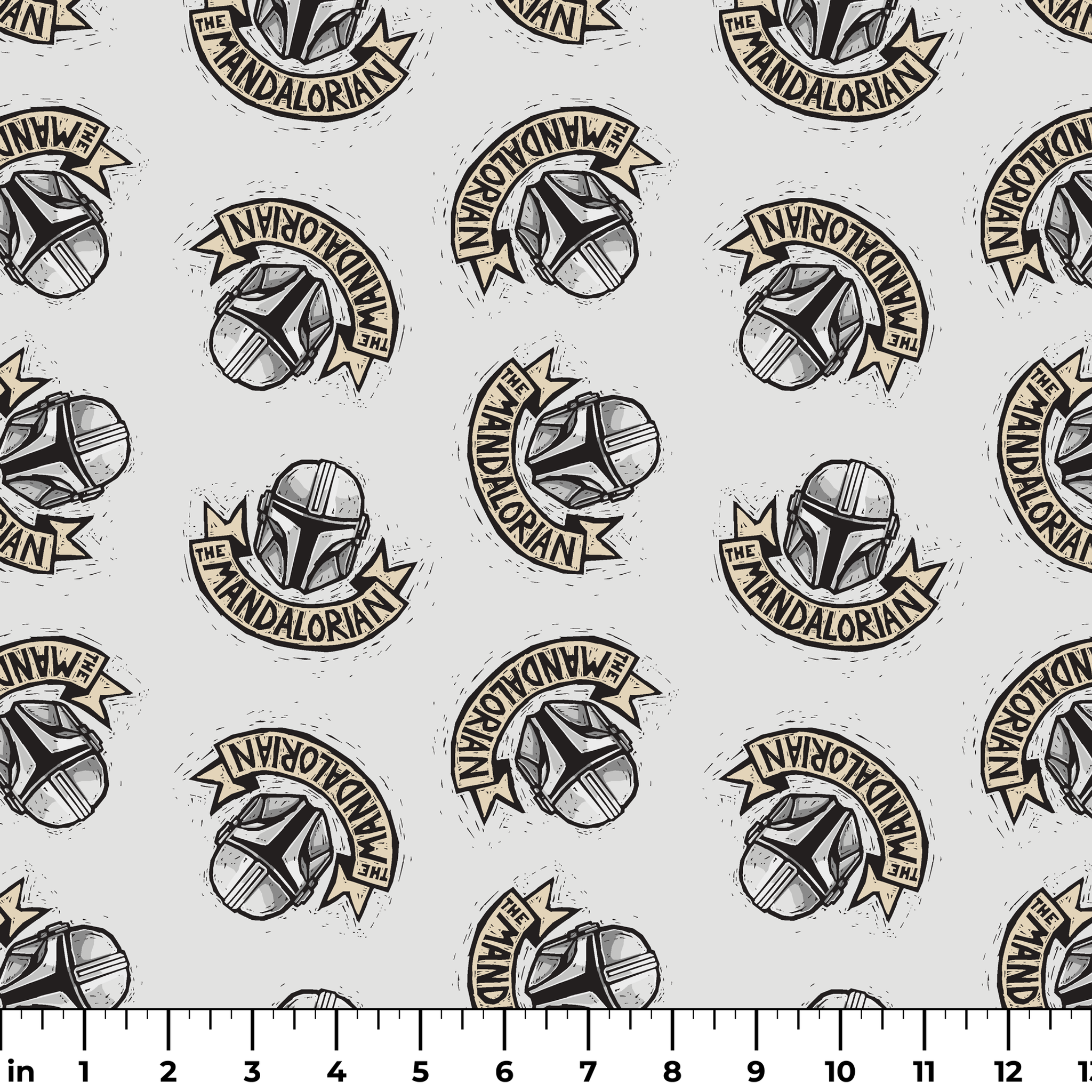 Star Wars Mandalorian helmet logo pattern with banners in black and gold on light background ruler