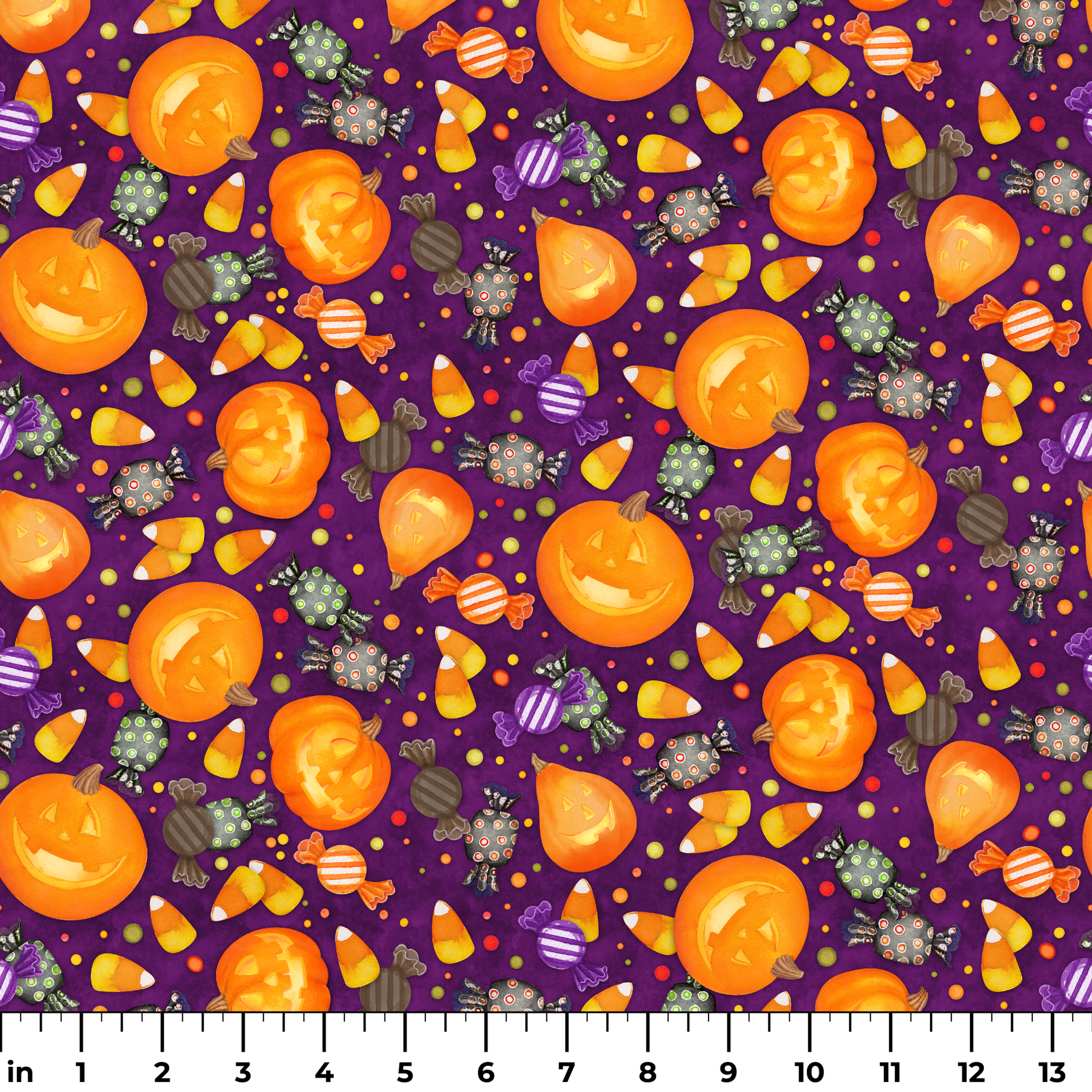 Playful Halloween fabric design by Nicole Tamarin featuring smiling jack-o’-lanterns, wrapped candies, and candy corn scattered across a purple background. ruler