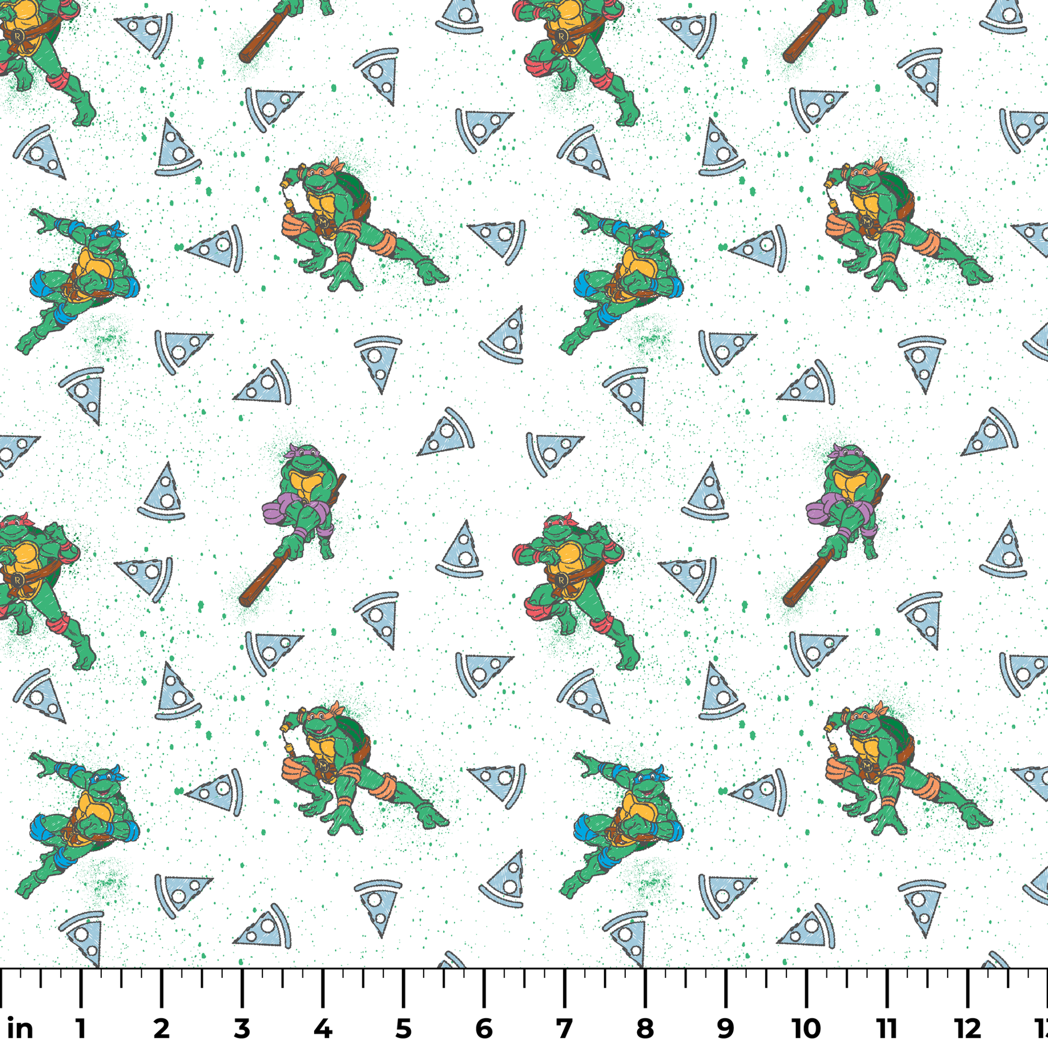 Teenage Mutant Ninja Turtles in action poses scattered among pizza slices on white speckled background ruler