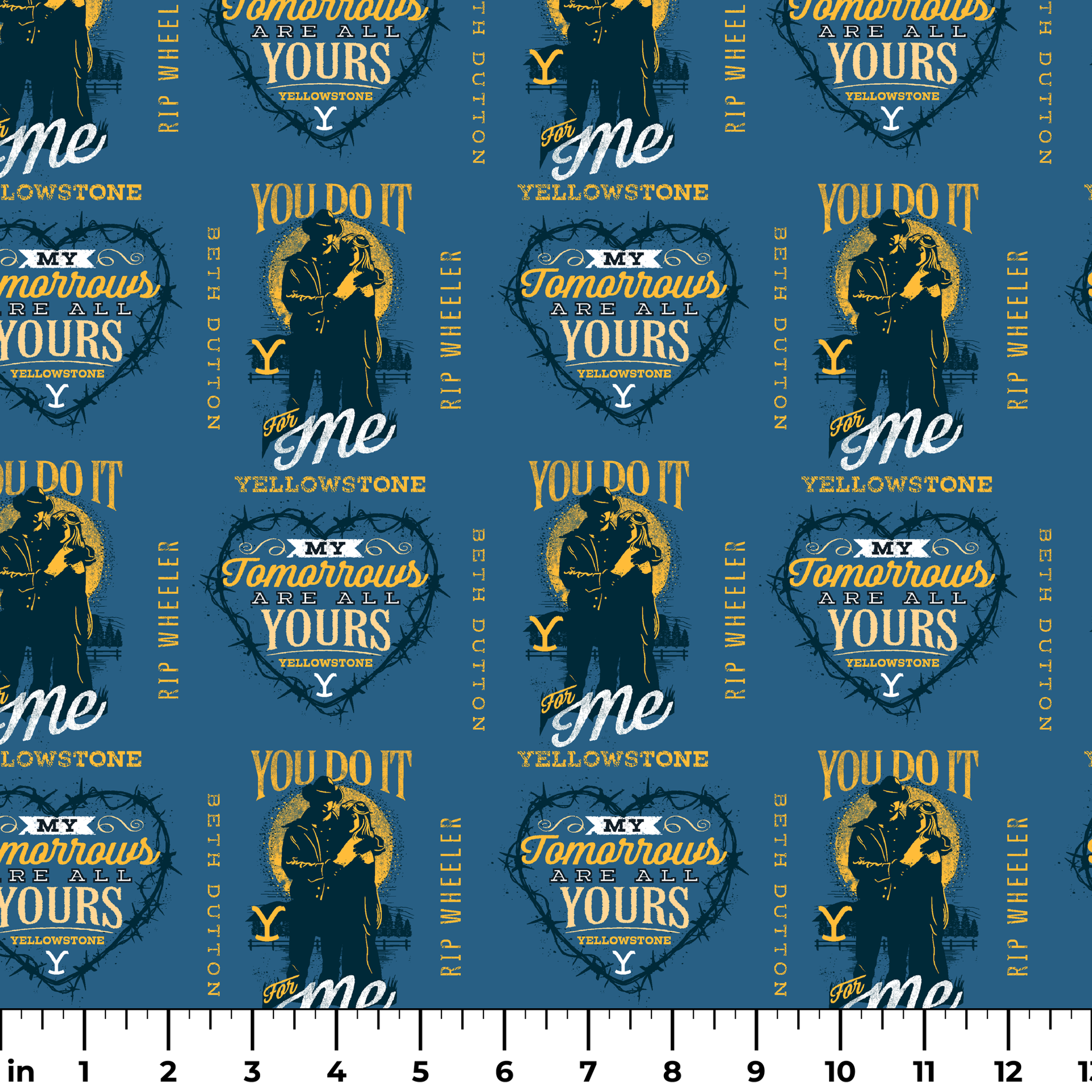 Denim blue fabric with Beth and Rip silhouettes, romantic Yellowstone quotes, and Western-style lettering in mustard and white. ruler