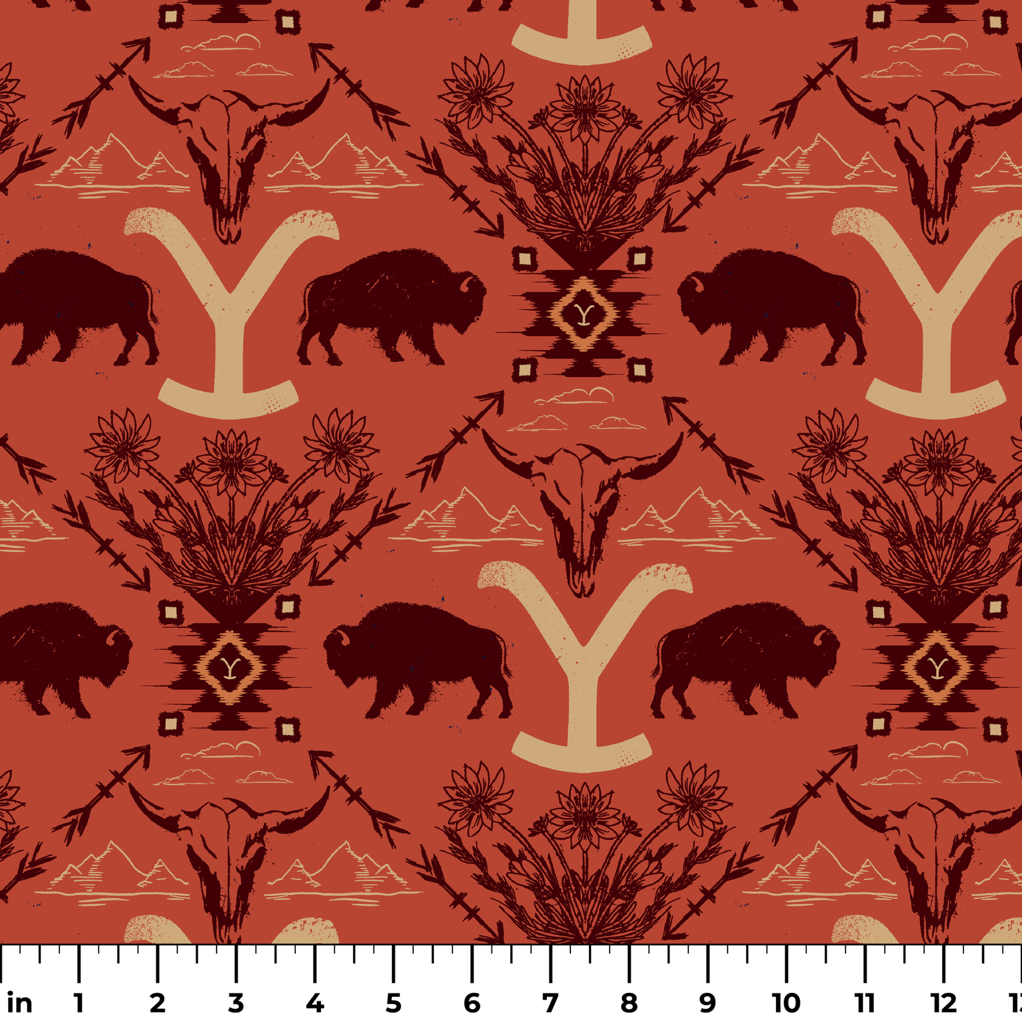 Terracotta and burgundy Yellowstone design with buffalo, skulls, wildflowers, and Western motifs. ruler