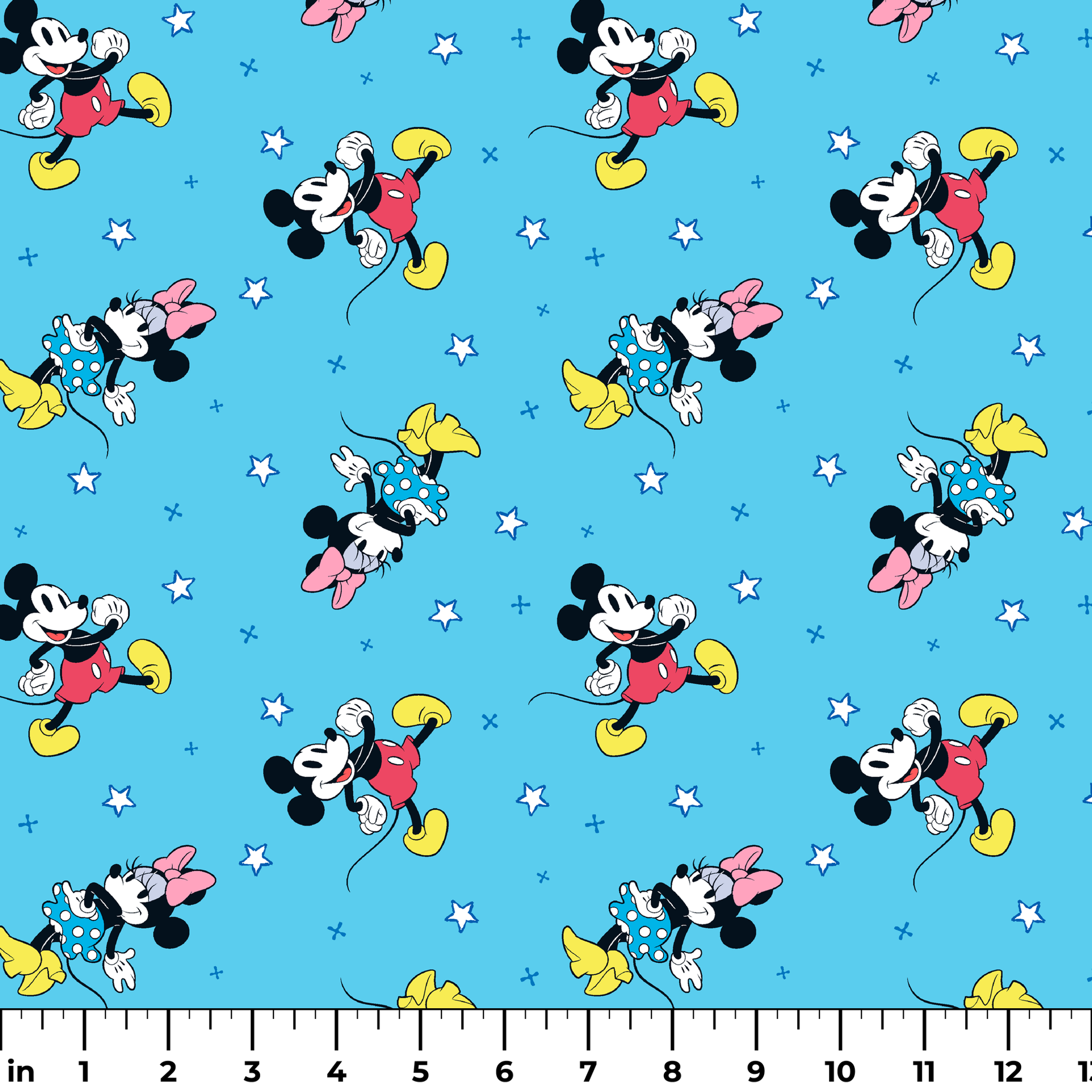 Disney Mickey Mouse and Minnie Mouse characters on light blue background with white stars, pattern design ruler