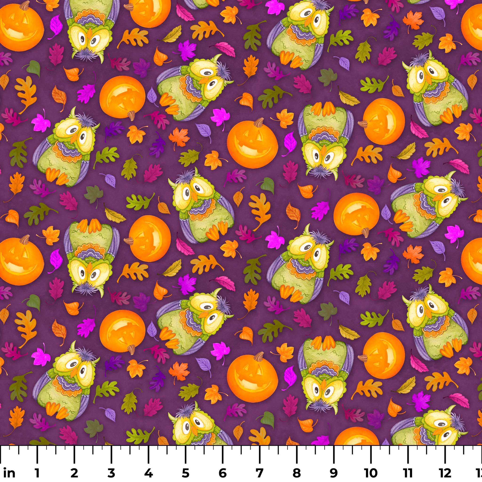Halloween fabric by Nicole Tamarin featuring cartoon owls in costume, jack-o’-lanterns, and colorful fall leaves on a purple background. ruler