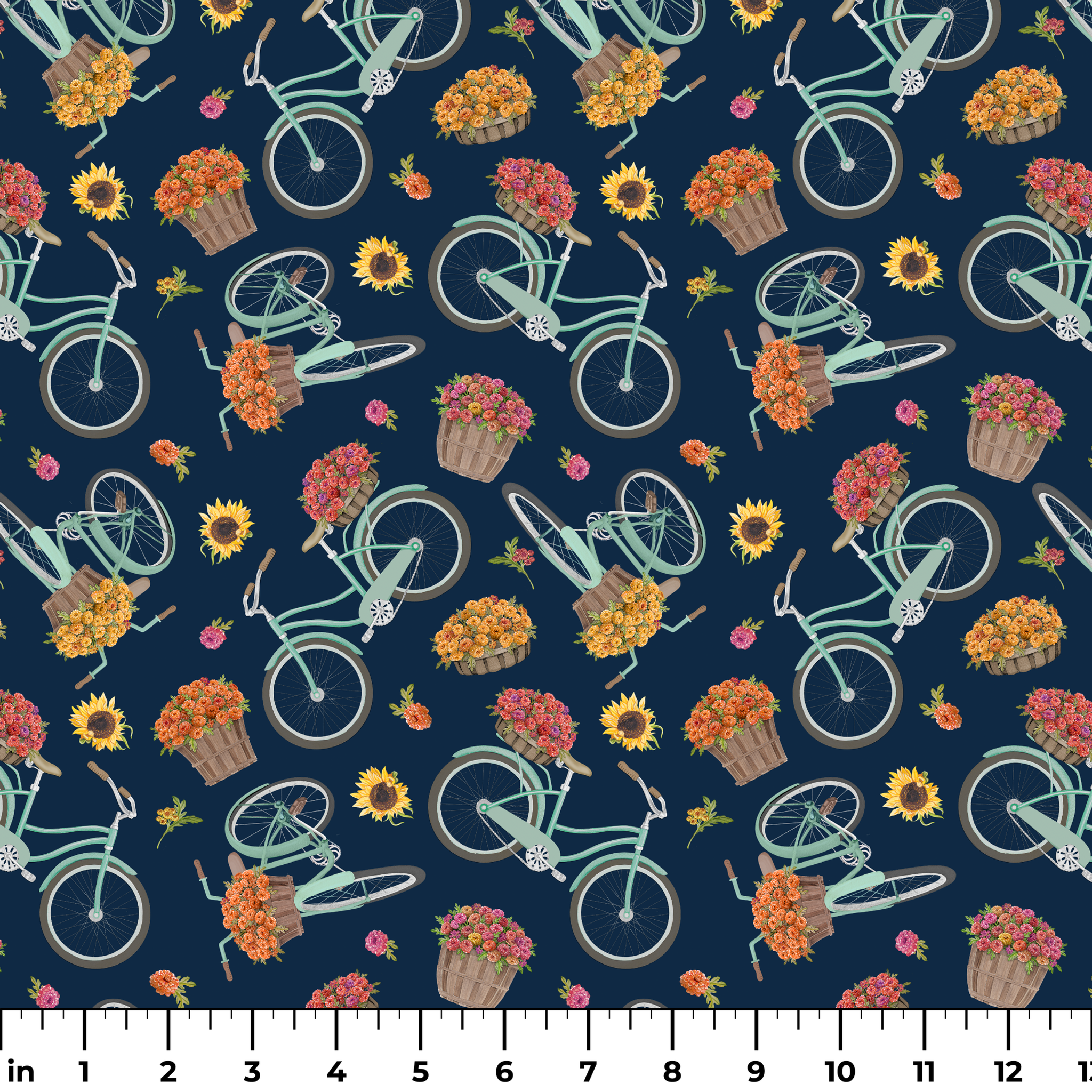 Teal vintage bikes with baskets of fall flowers on a navy background, inspired by cozy fall market scenes. ruler