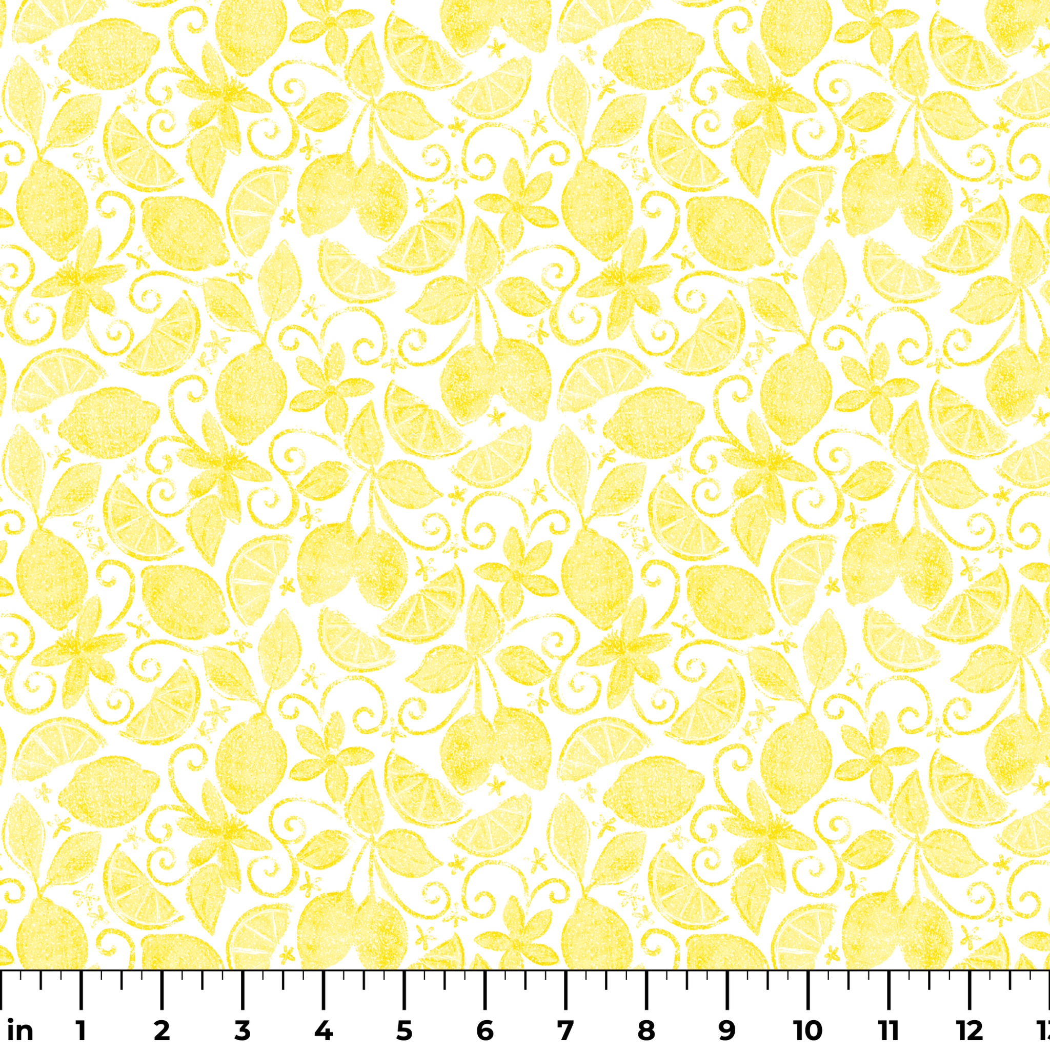 Yellow lemon pattern by Nicole Tamarin with sliced lemons, leaves, and swirls on a white background ruler