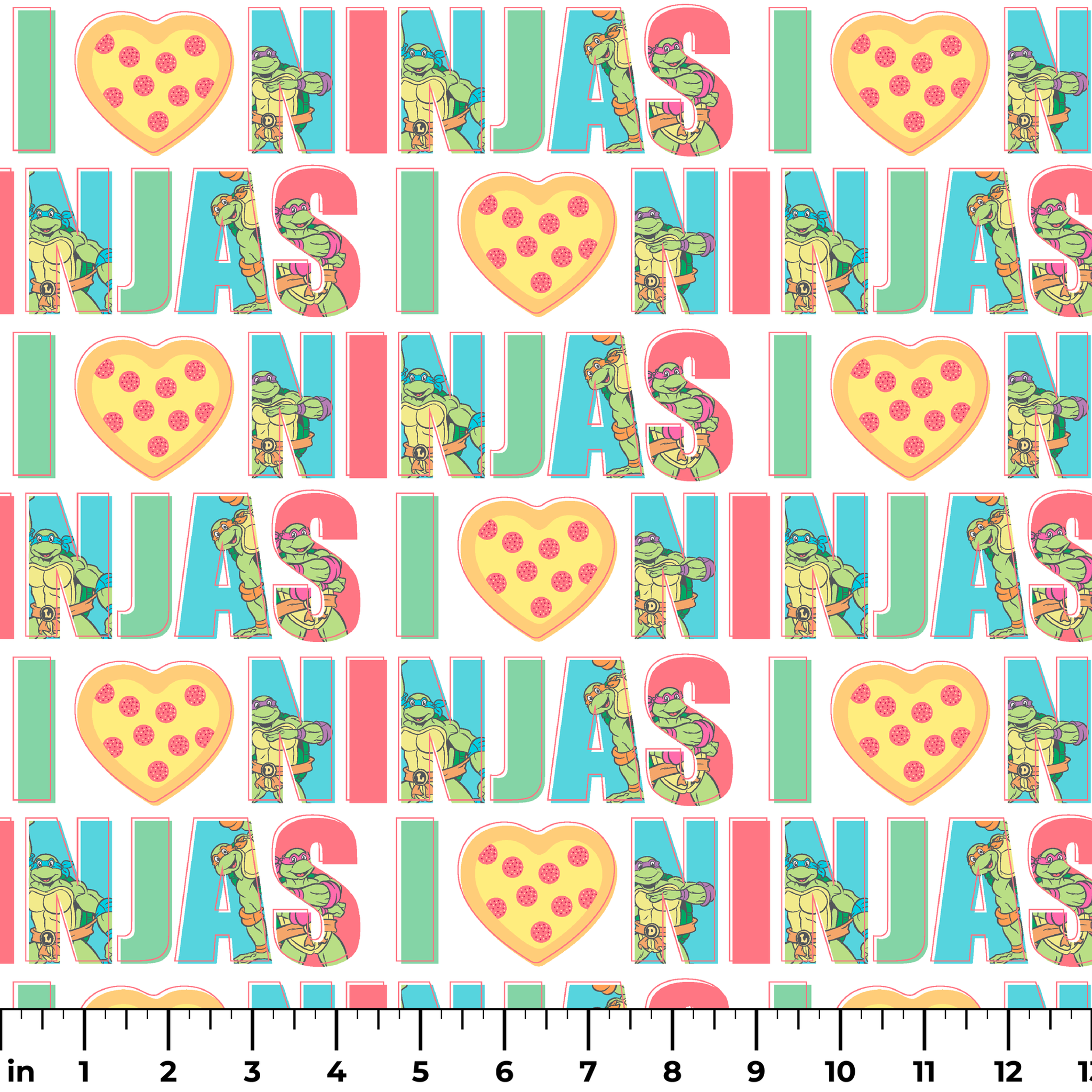 Teenage Mutant Ninja Turtles design with “I heart Ninjas” text with a pizza heart graphic, and Michelangelo and Leonardo in pastel colors. ruler