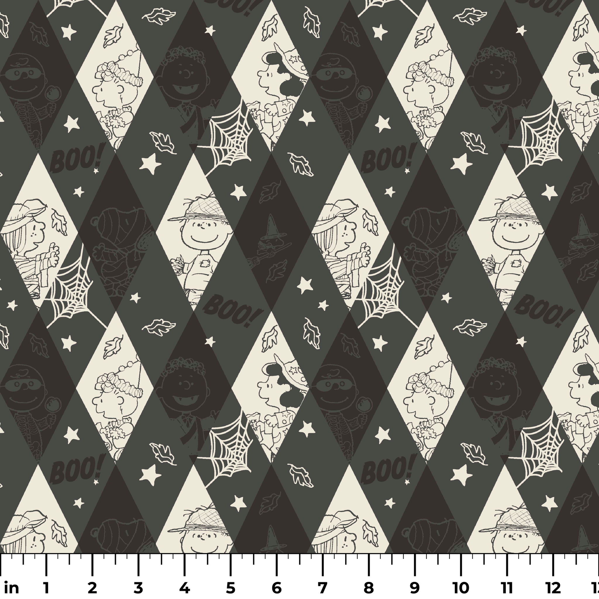 Diamond pattern with Peanuts characters and Halloween motifs in black and cream, featuring spider webs, stars, and "BOO!" text. ruler