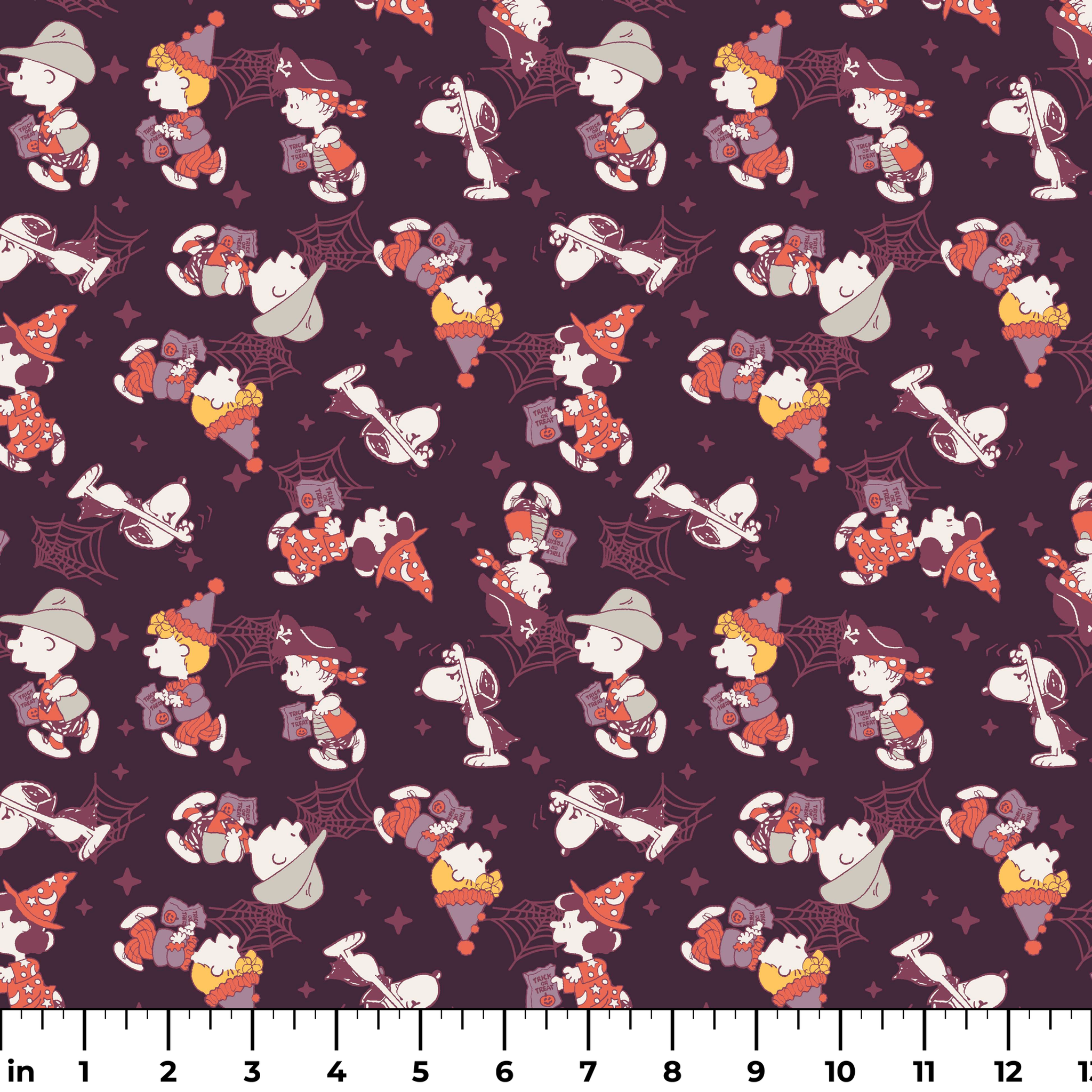 Snoopy and Peanuts characters in Halloween costumes scattered on dark purple background ruler