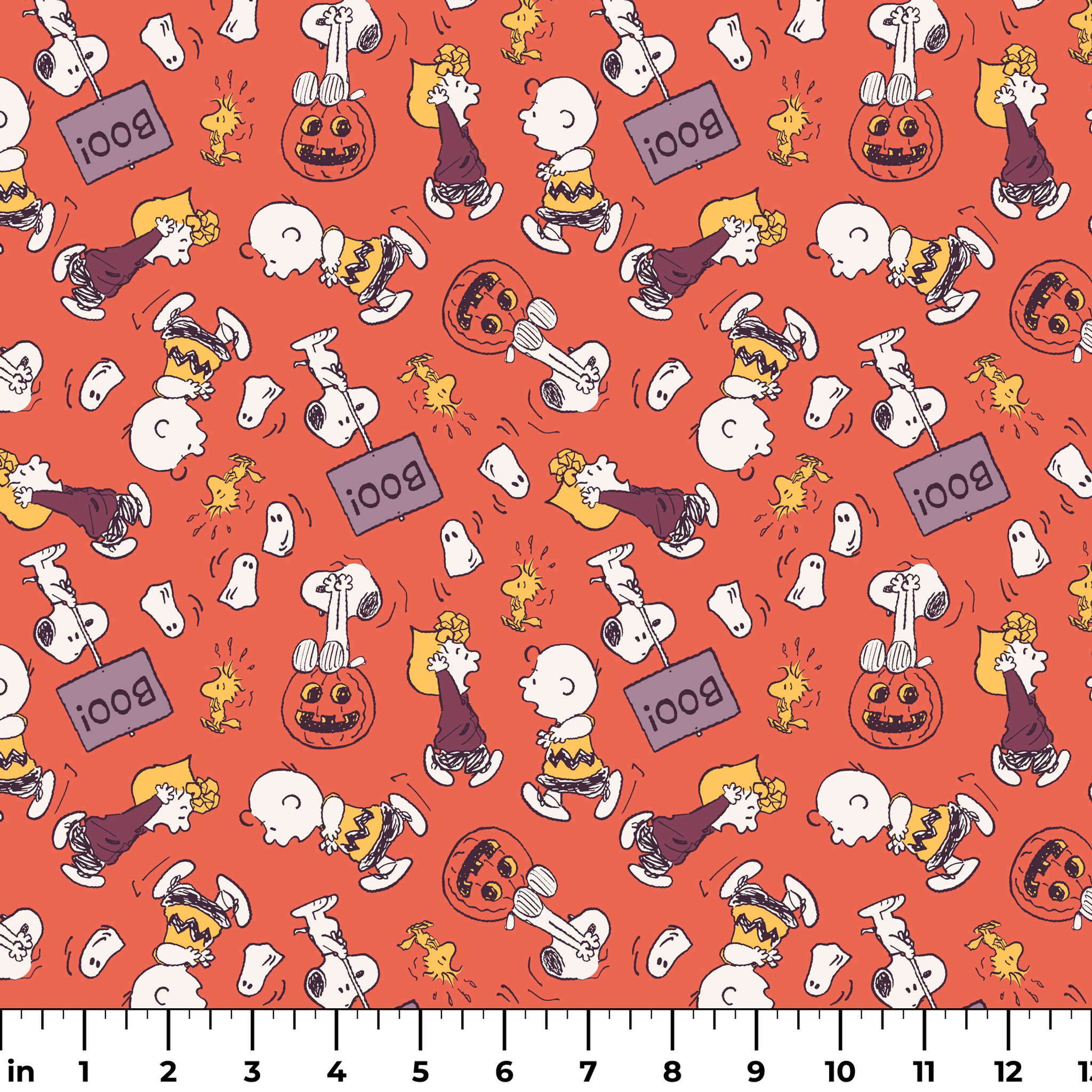 Snoopy and Woodstock Halloween pattern on orange background with pumpkins, ghosts, and "boo" text ruler