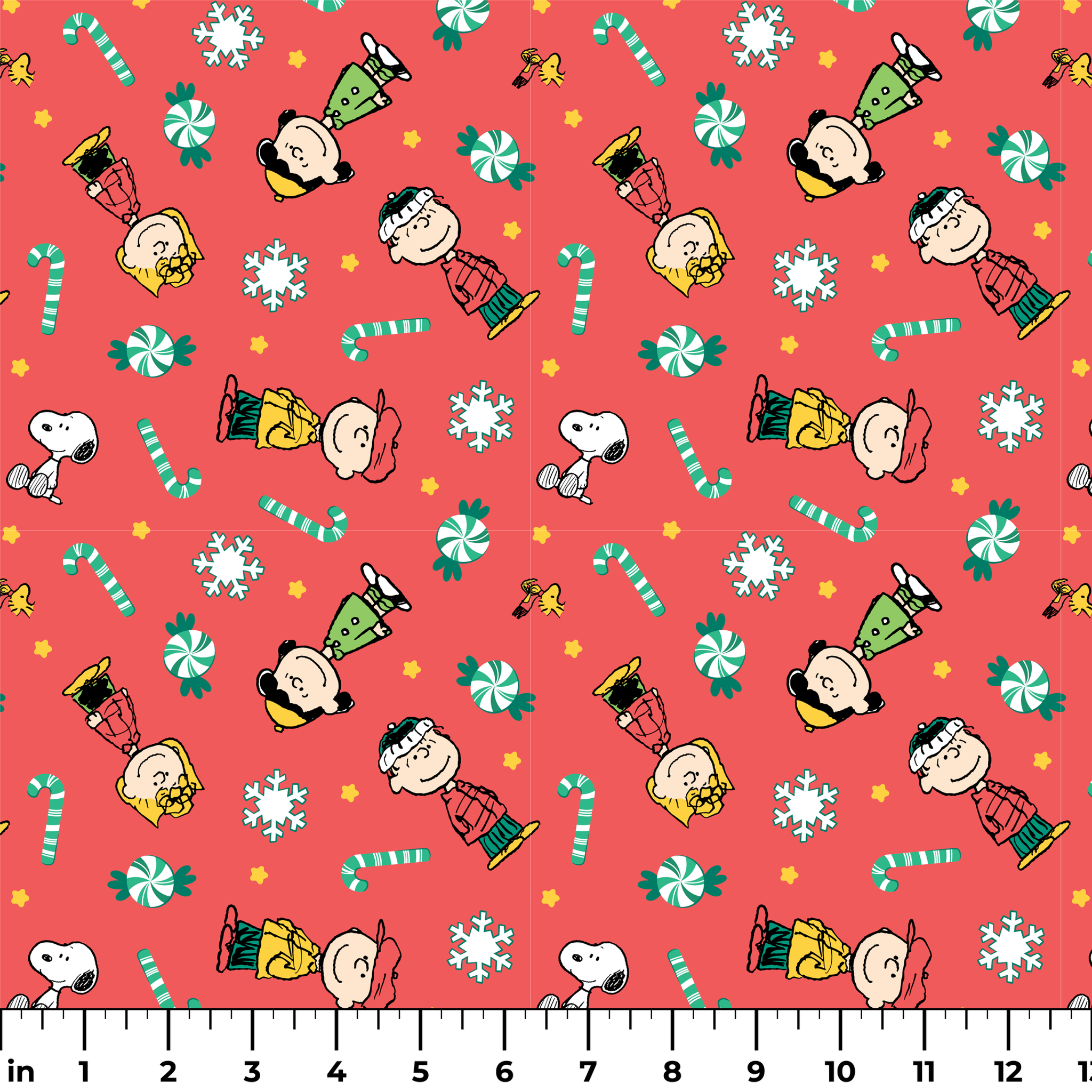 Festive Peanuts cartoon pattern with Charlie Brown characters, candy canes, snowflakes, and peppermints on red background ruler